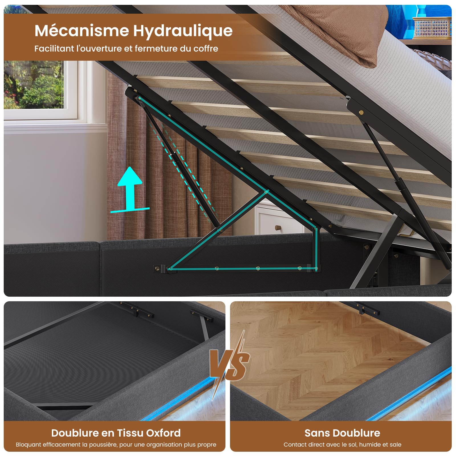 AOGLLATI Lit Coffre 140x190 avec Rangement Hydraulique, Lumières LED et Prise, Tête de Lit avec 3 Étagères Ouvertes & Compartiment Caché, Sommier à Lattes, Lit 2 Personnes, Sans Matelas,Lin Gris Foncé