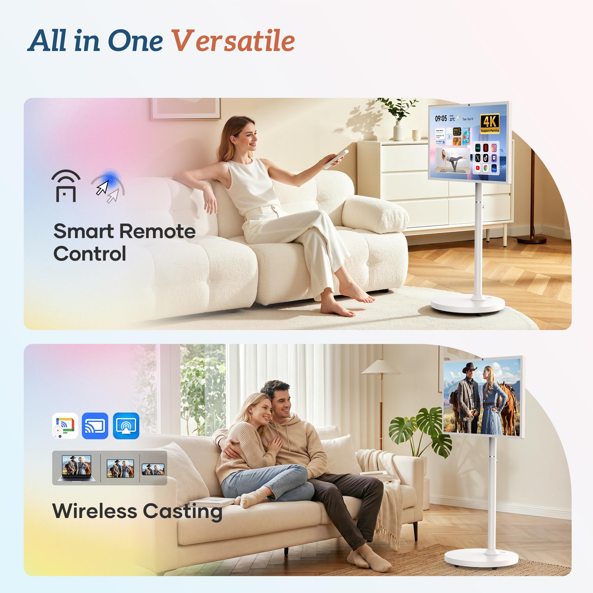 Bisprico Smart TV Portatile da 32 Pollici con Ruote, CPU Qualcomm, Certificato EDLA, Batteria Integrata da 22000mAh, 16+128GB, Android 14 OS Rolling Tablet TV, Rotazione Piena, Controllo