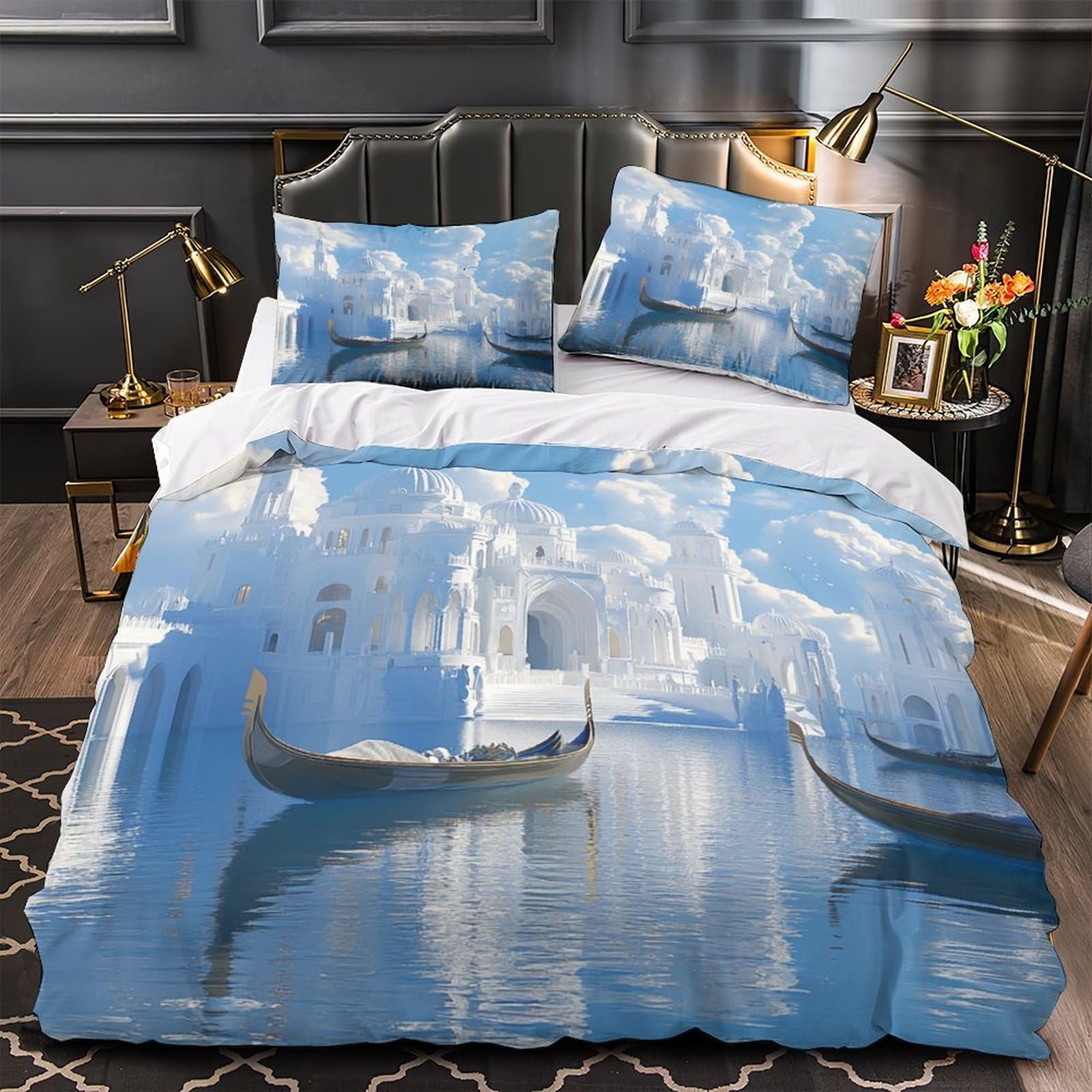 Housse de couette inaltérable déco famille motif ville blanche fantastique 3D grand lit