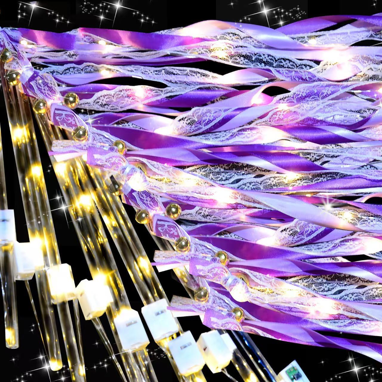 60Pack Light Up Wands,Wedding Wands with 3 Colorful Flashing Modes,LED Silk Fairy Wands with Bells,Glow Ribbon Streamers for Wedding,Mardi Gras,Mother's Day,July 4th,Birthday(Purple)
