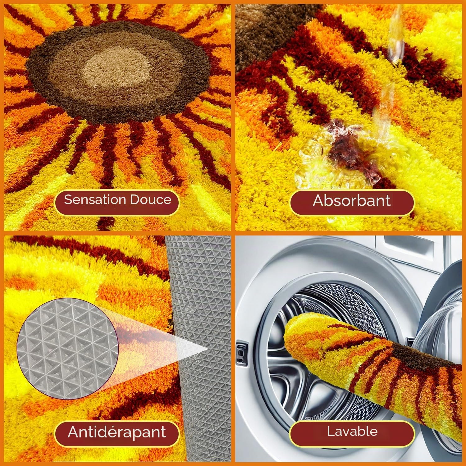 Tapis de bain à fleurs jaunes pour salle de bain, tapis de sol antidérapant et lavable en microfibre pour salon, maison, séchage rapide