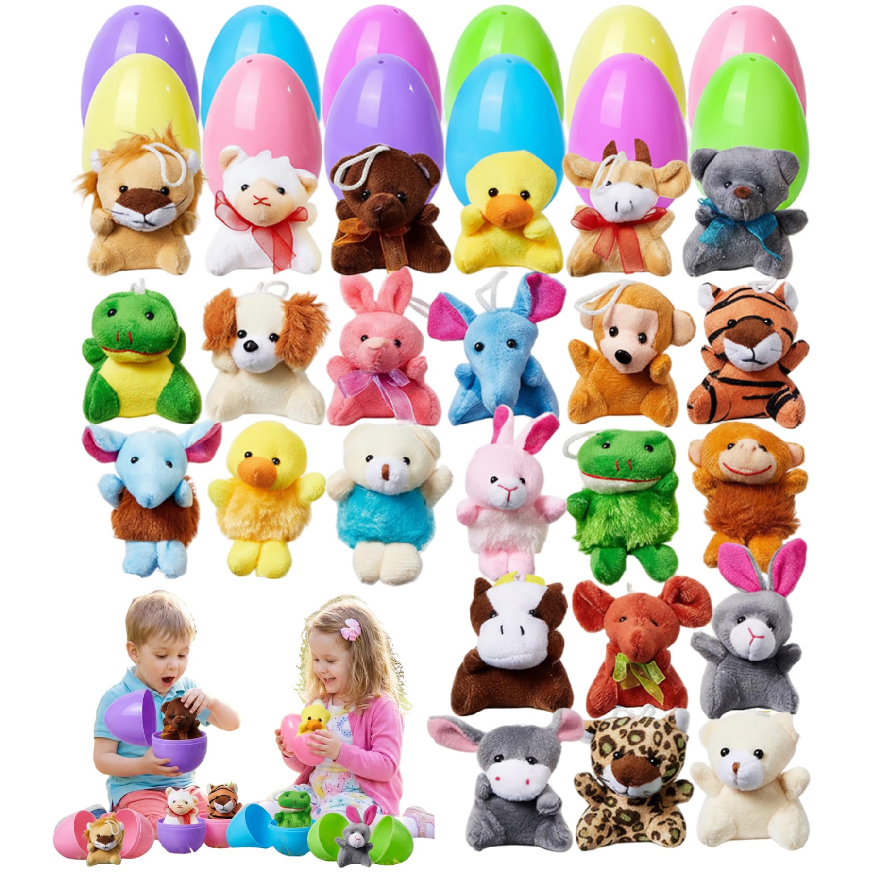 24 pièces de remplissage d'œufs de Pâques, œufs Pâques remplis plastique avec des animaux en peluche surprise pour enfants, paniers, cadeaux fête et vacances