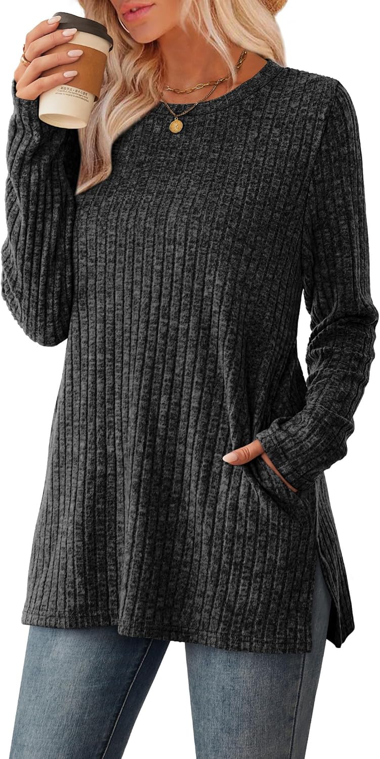 Sampeel Tunic Tops for Women Loose Fit Dressy 2025 Trendy Crewneck Pullover Sweaters Long Sleeve T Shirts Dark Grey M - Image 2