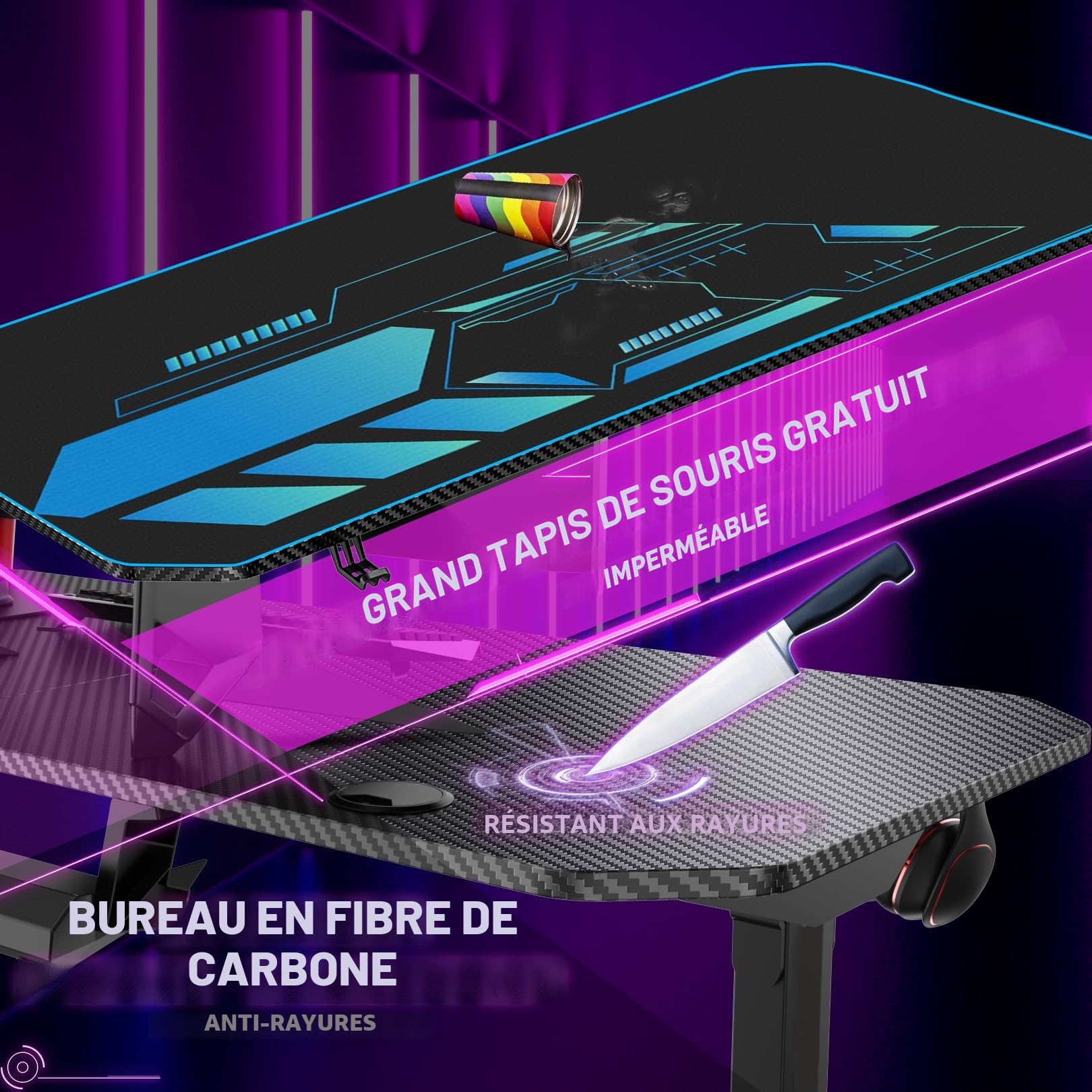 Himimi Bureau Gaming 160x75 cm, Bureau Gamer Ergonomic Informatique, Table Gaming en Fibre de Carbone, Gaming Desk pour à Domicile avec Grand Tapis de Souris Porte Gobelet Casque & Poignée de Jeu,Noir