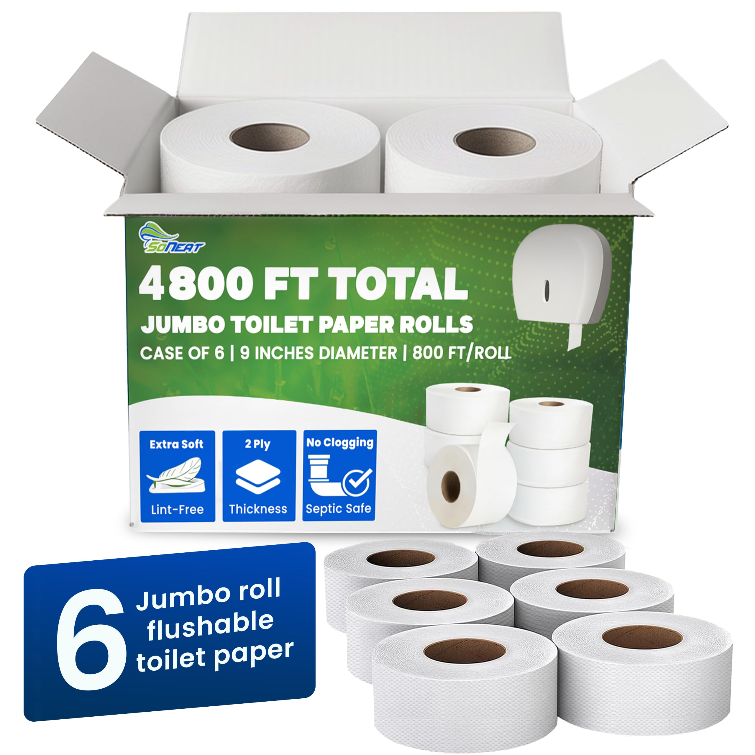 Rollos de papel higiénico jumbo de 2 capas, papel de seda comercial de 9 pulgadas, compatible con dispensador de inodoro jumbo estándar, seguro séptico, certificado FSC e ISO, 1000 pies de