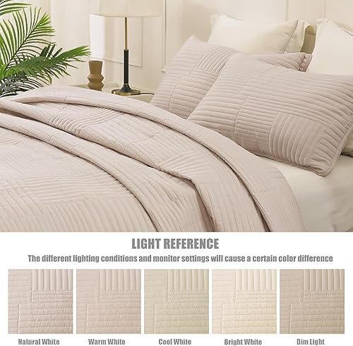 Miniatura 5 de Whale Flotilla Juego de ropa de cama ultra suave tamaño Queen, colcha ligera de otoño beige Brich tamaño matrimonial, colcha geométrica ultrasónica