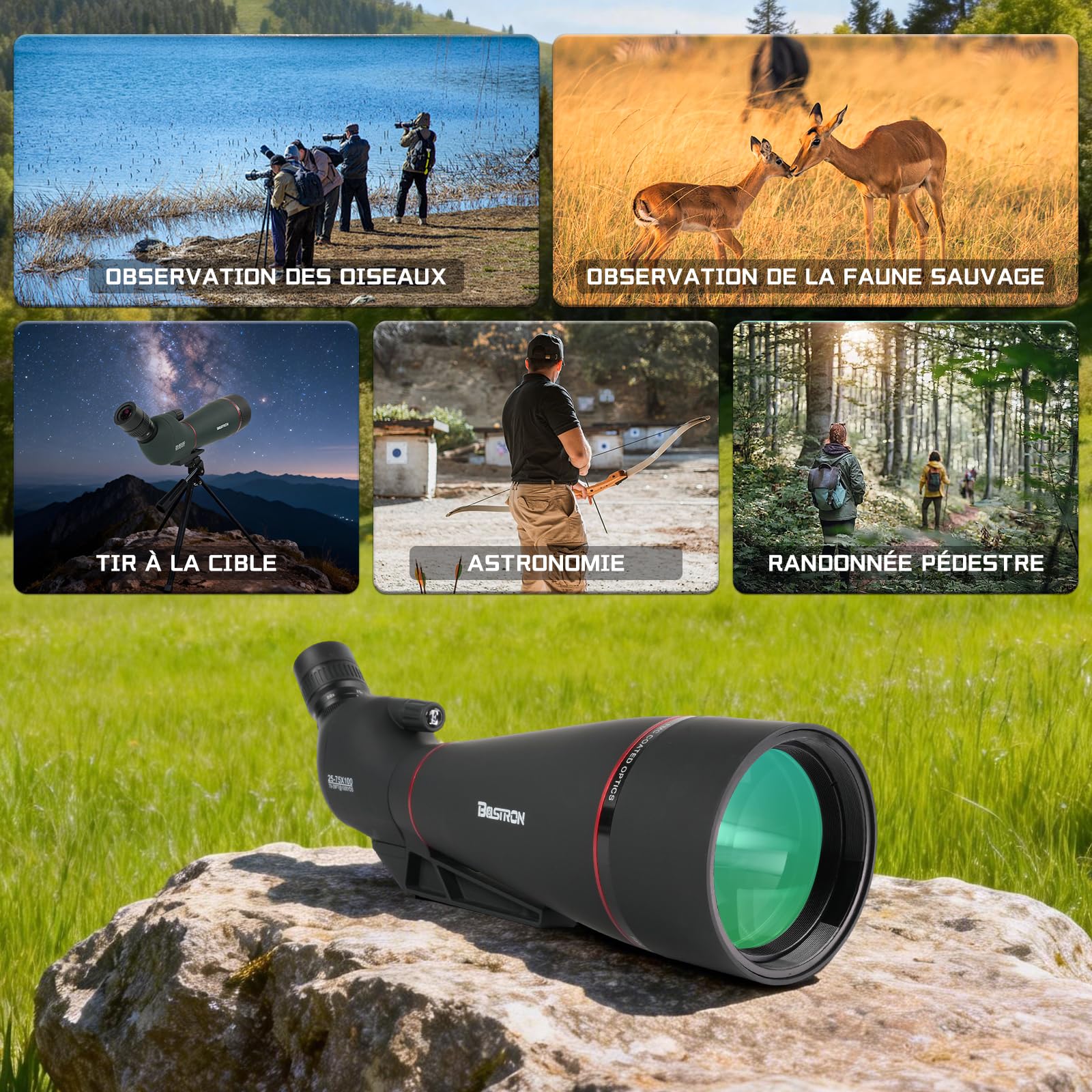 Longue Vue Monoculaire 25-75x100 mm HD, Prisme PORRO FMC - avec Adaptateur Smartphone, Trépied et Sac de Transport - Idéal pour Observation des Oiseaux, Tir à la Cible, Randonnée et Astronomie