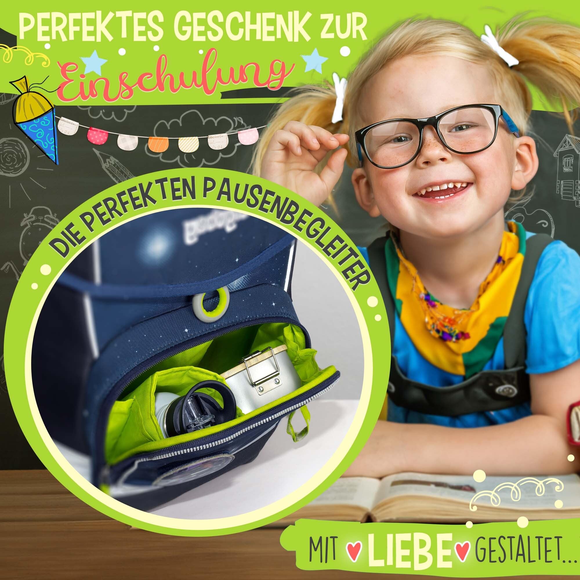 Print Royal PR Einschulung Geschenke-Set - Schulkind mit Name und Jahr personalisiert - Eichhörnchen, personalisierte Geschenke zur Einschulung Deko | Trinkflasche, weiß 500 ml & Brotdose 600 ml