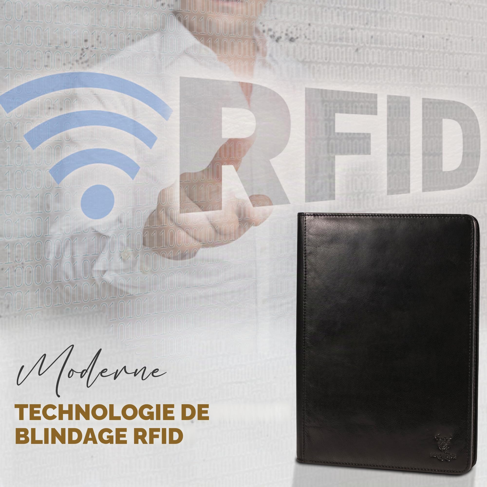 Matador Porte-documents cuir véritable A4 noir avec fermeture éclair poche tablette classeur à anneaux protection RFID