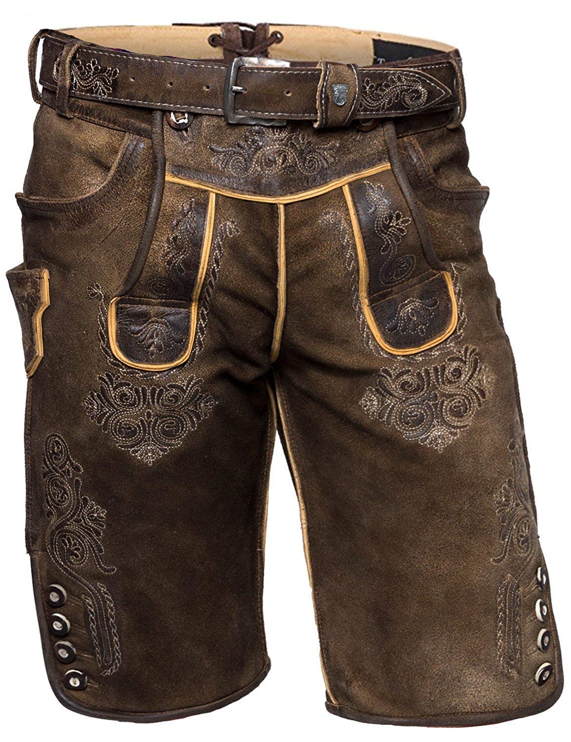 Kurze Herren Trachten Lederhose, Karl aus wildbockleder, Moor-Antik speckig