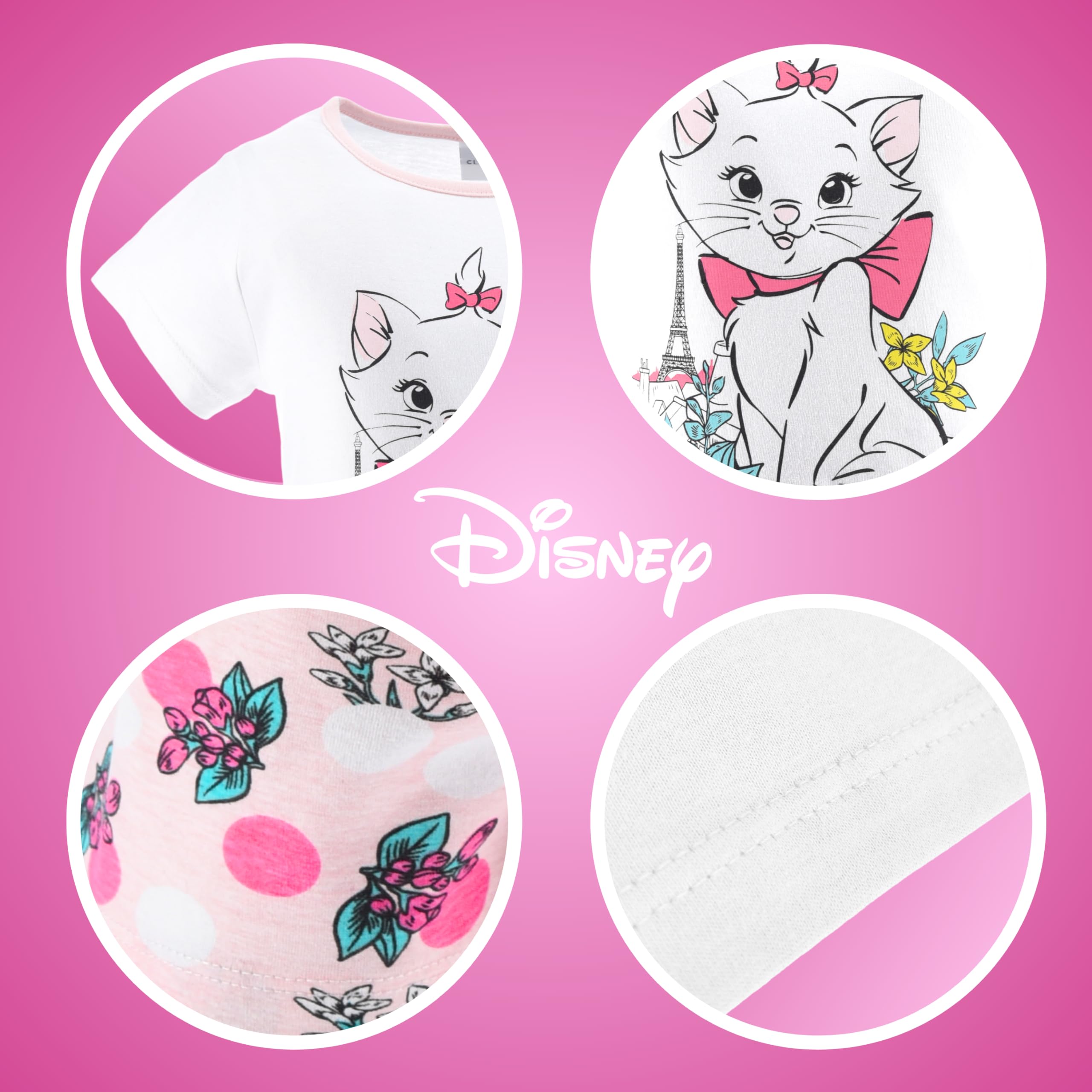 Disney Marie T-Shirt et Short pour Fille, Pyjama Fille en Coton Doux, Motif Aristochats Ensemble 2 Pièces pour Filles, Taille 4 Ans, Blanc