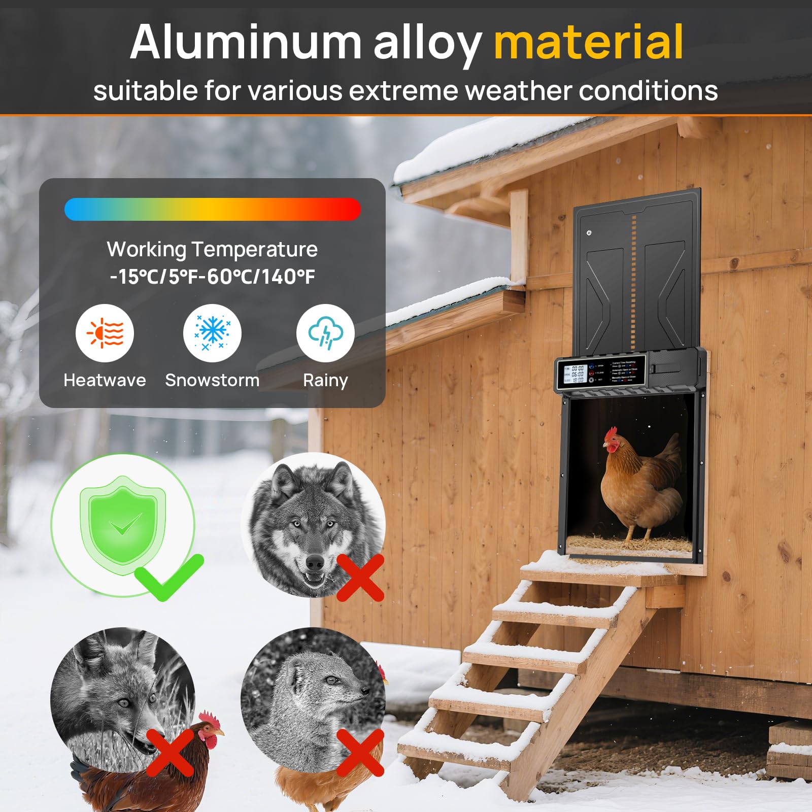 Porte automatique de poulet Coop avec minuteur LCD - Auto alimenté par batterie, porte de maison de poulet en aluminium à l'épreuve des prédateurs, résistante aux intempéries, facile à installer