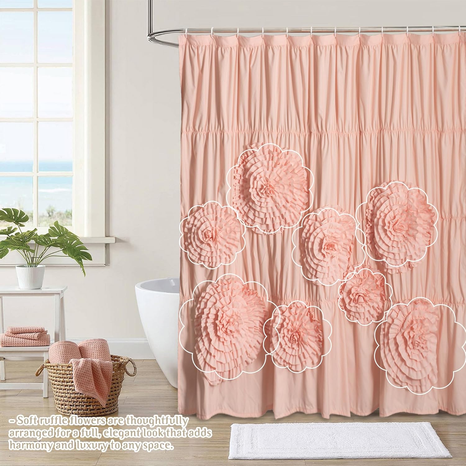 Farmhouse Ruffle Shower Curtain with Handmade 3D Flowers, Vintage Fabric Shower Curtains for Bathroom, Decorative Luxury Bathroom Curtain with 12 Holes, Peach Pink, 72" x 72" (LQ-41)