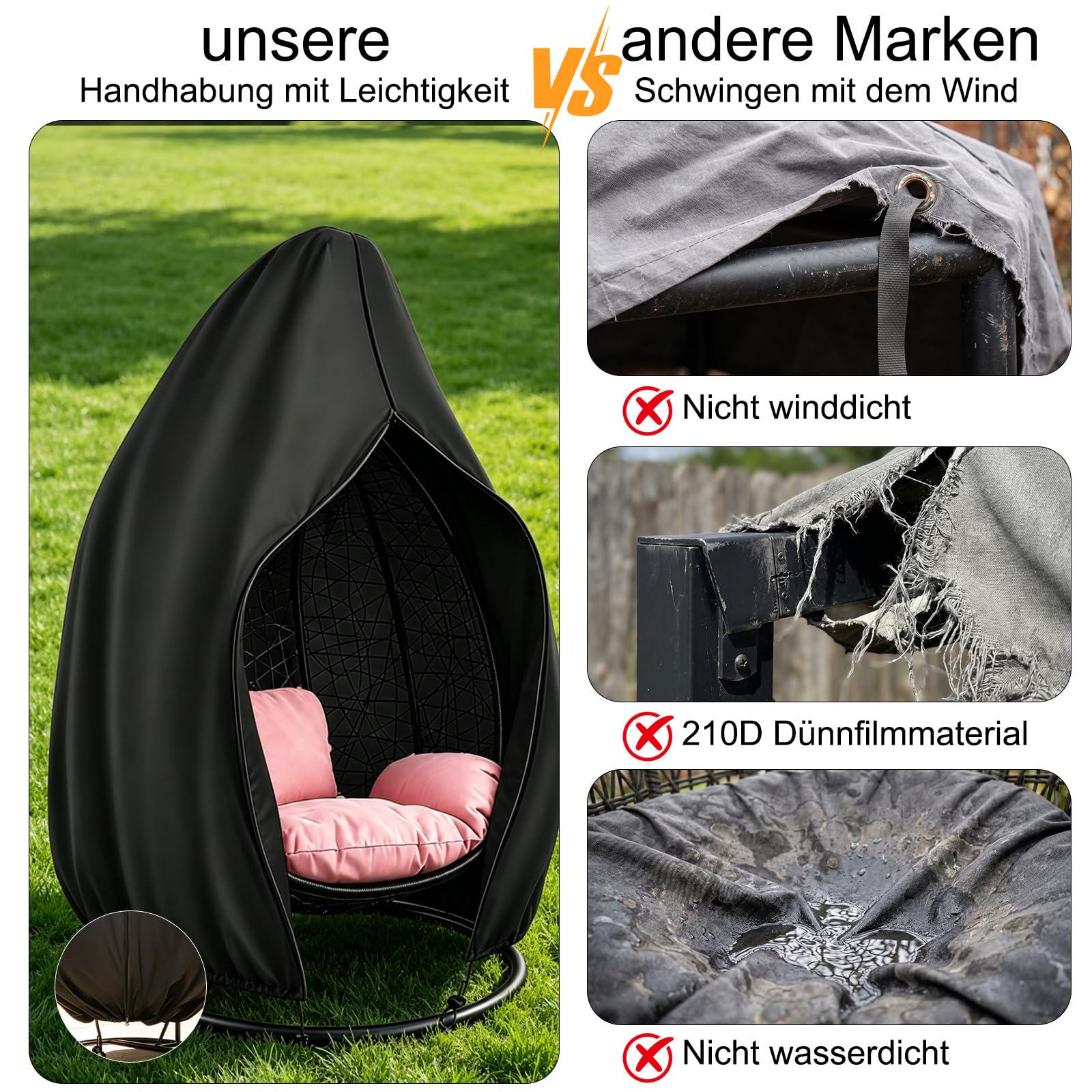 Hängesessel Abdeckung hängesessel Outdoor, 420D Oxford Abdeckung Gartenmöbel mit wasserdichtem Reißverschluss & Kordelzug, Winddichte Schutzhülle Hängestuhl für Eiersessel & Hängeliege, 190x115cm
