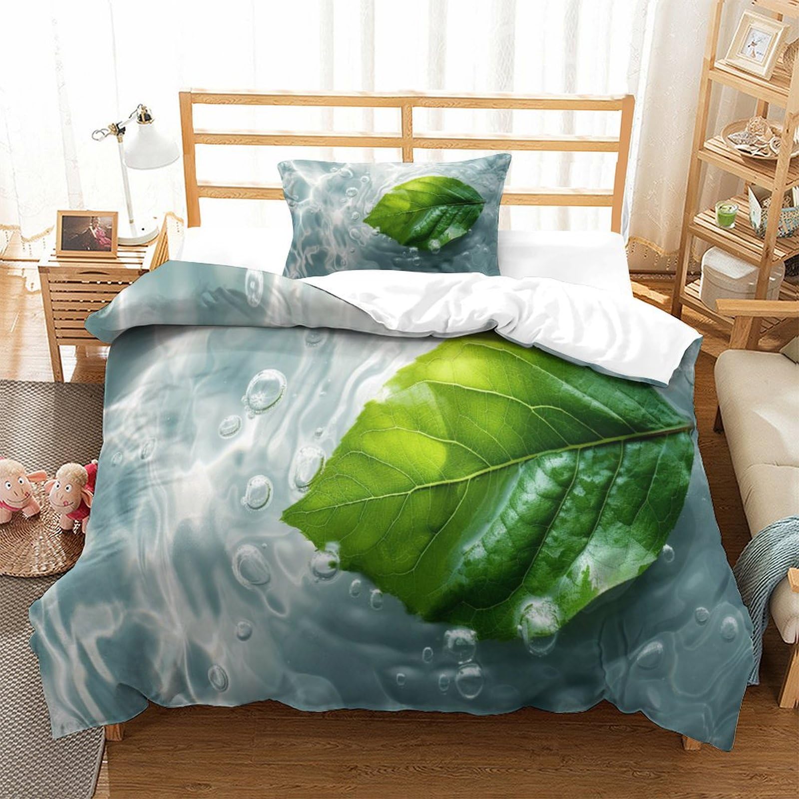 P1s9u7w5y Water Ripple-5 Refreshing Water Ripple 3D Printed Leaf Duvet Cover Set 3Pcs Microfiber Leaf Bedding Set Single（135X200cm）