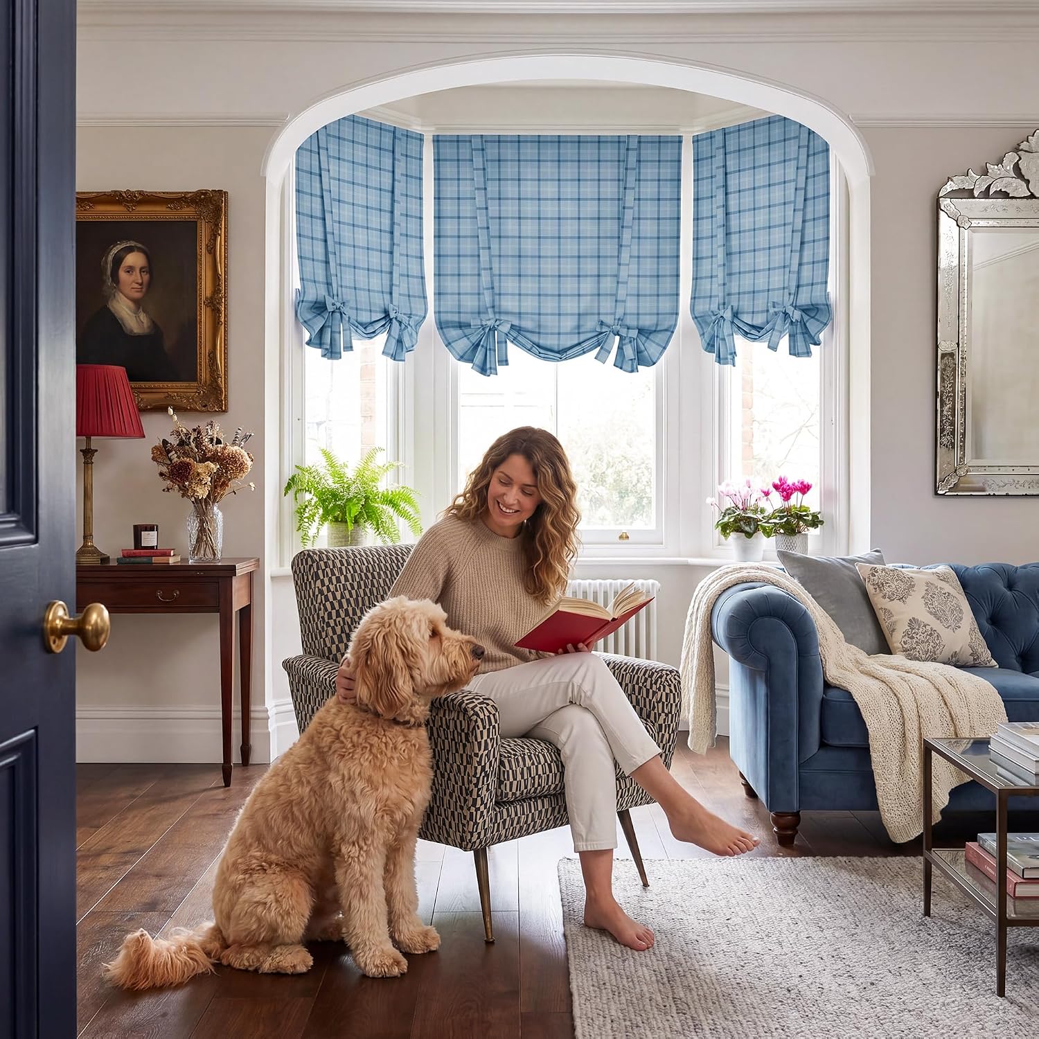NICETOWN Sea Blue Rustic 100% Blackout Plaid Tie Up Curtain, 46x63, 1 Panel