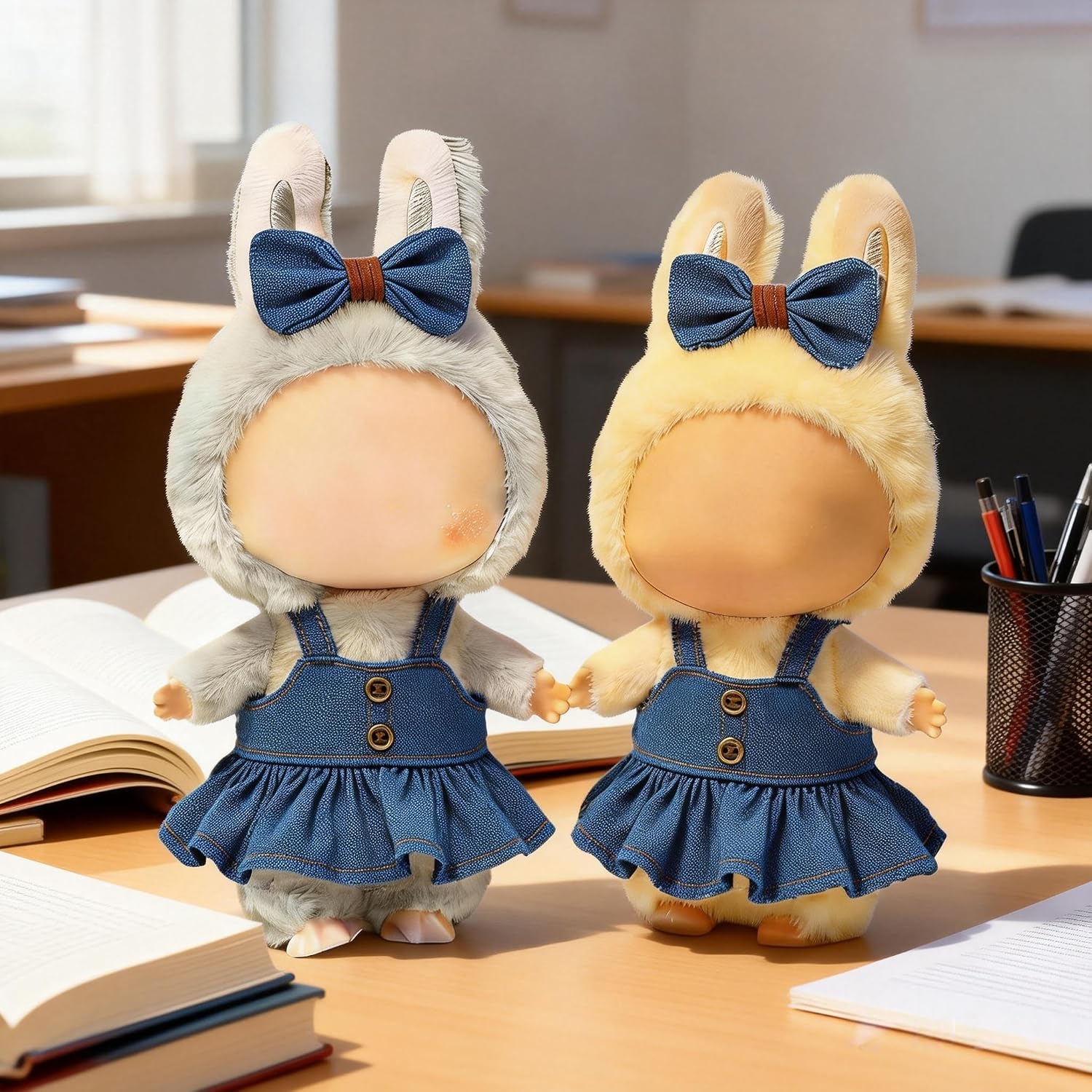 Clothes for 17cm Dolls Cute Style Outfit 2 Piece Set Including a Denim Bow and Denim Dress - Premium Handmade Dolls Skirt Accessories - No Doll (Blue)