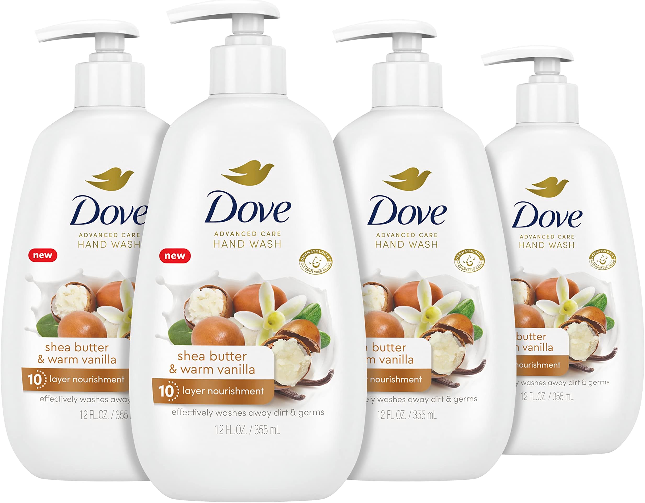 Dove Advanced Care Hand Wash Shea Butter & Warm Vanilla 4 Count for Soft, Smooth Skin, More Moisturizers than the Leading Ordinary Hand Soap, 12 oz
