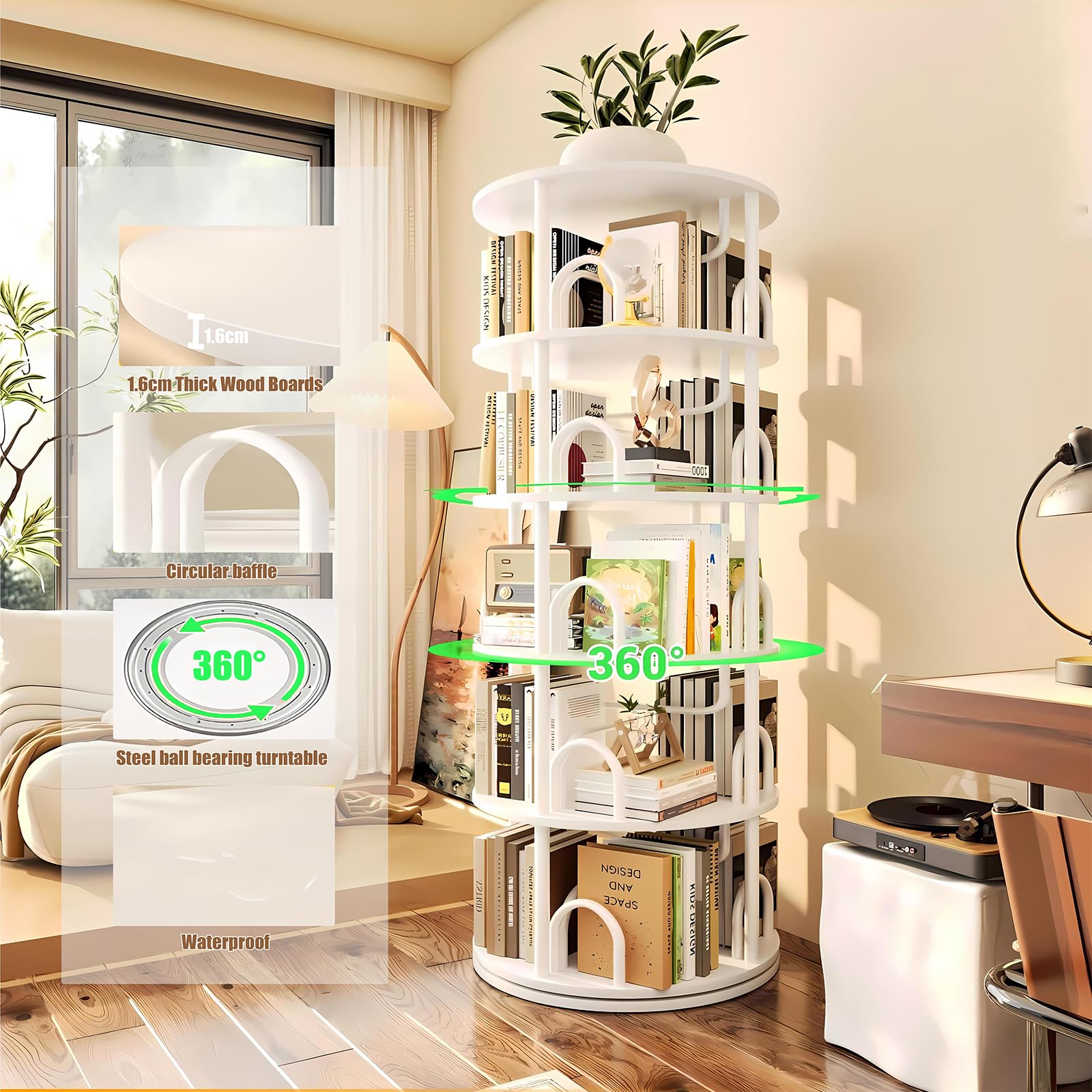 Estantería giratoria de 360°, Librería de Madera, estantería de pie, estante de almacenamiento de pie, Organizador Libros, CDs, Estanteria de Esquina para Salon, Estudio y Dormitorio (B, 6 Niveles)