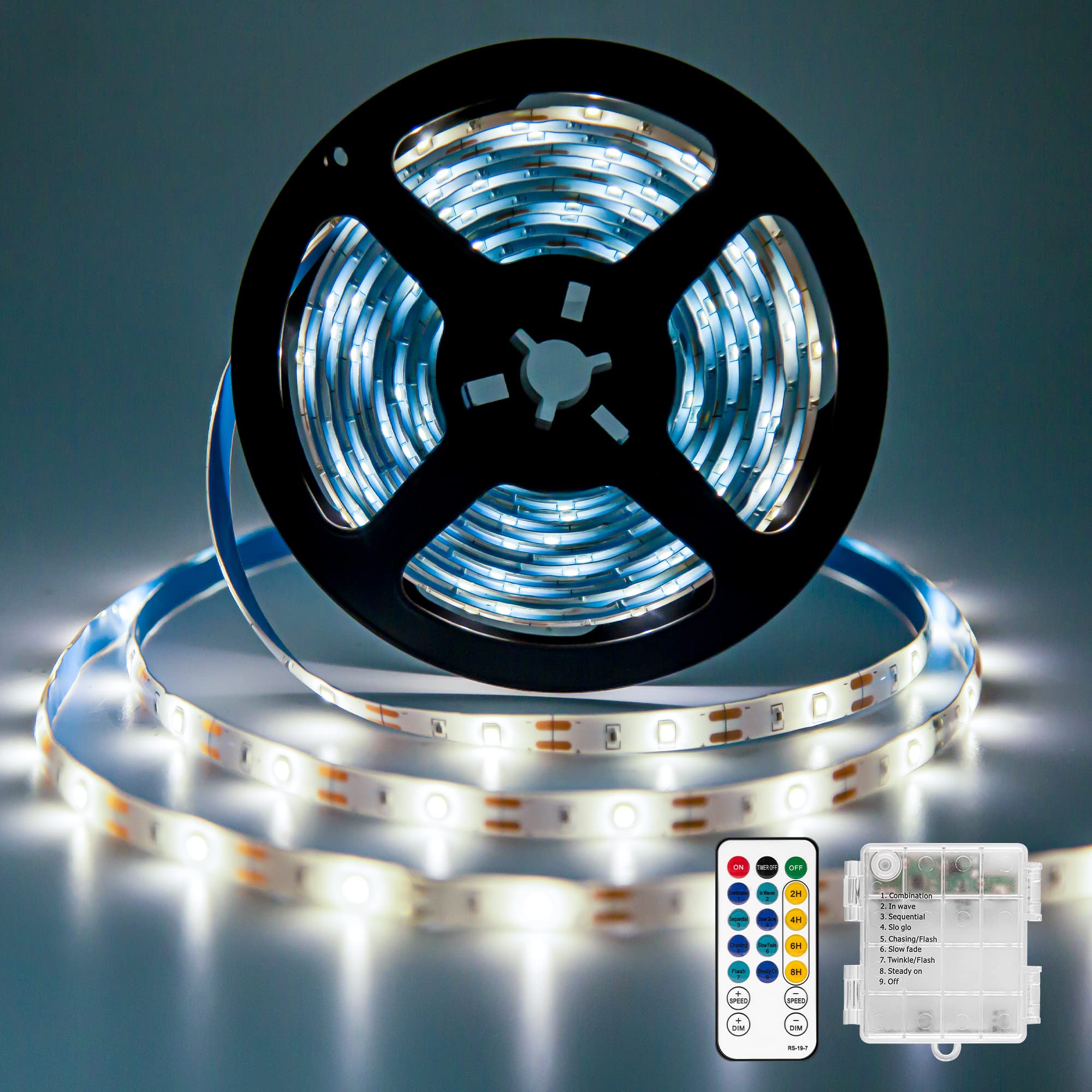 LED Streifen Batteriebetrieben, 5M 150LEDs LED Strip Batteriebetrieben für Deko, Lichtband Streifenlichter 8 Modi mit IR Fernbedienung Wasserdicht Kaltes Weiß LED Streifen Batterie für Outdoor Indoor Beleuchtung