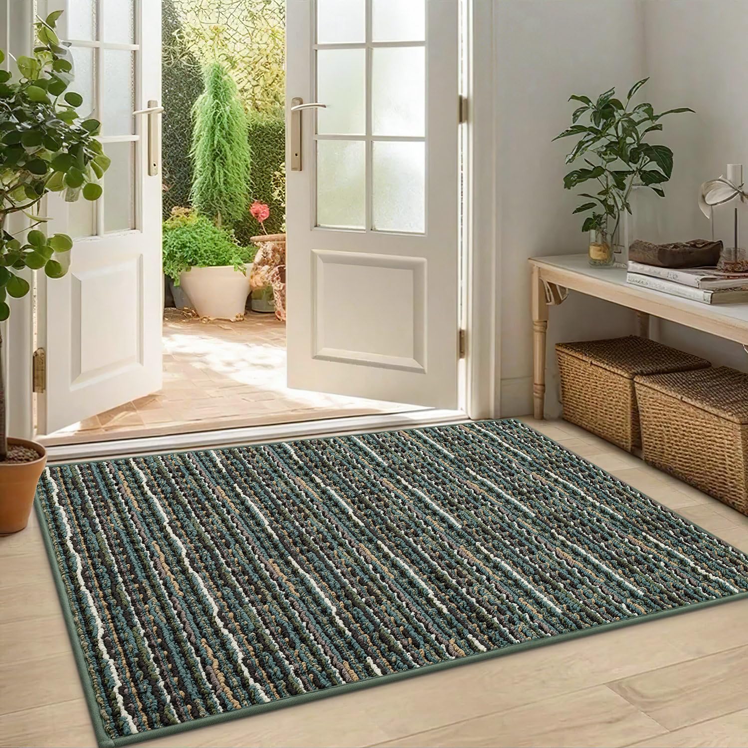 Biscpro Fußmatte 80x100cm Boho Teppich Schmutzfangmatte Innen Waschbar Rutschfester Fussmatte Eingangsmatte Carpet für Eingangsbereich,Haustür,Patio,Flur,Garten,Porch-Grün