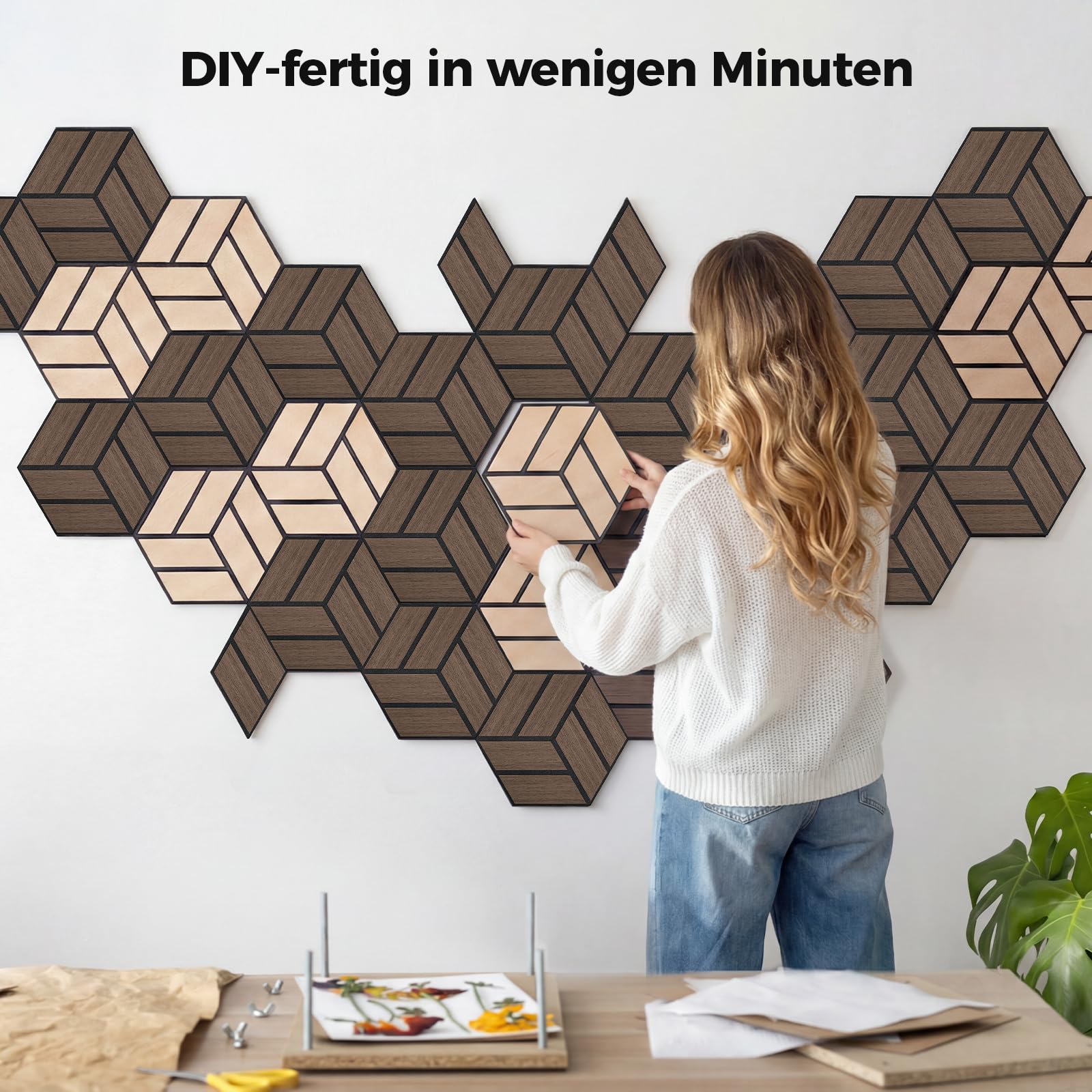 12 Stück Hexagon Akustikplatten Selbstklebend, 30 x 26 x 0,9 cm Hohe Dichte schallabsorber wand, Schallschutzplatten für Studio, Büro, Akustische Behandlung und Gaming deko, Walnuss