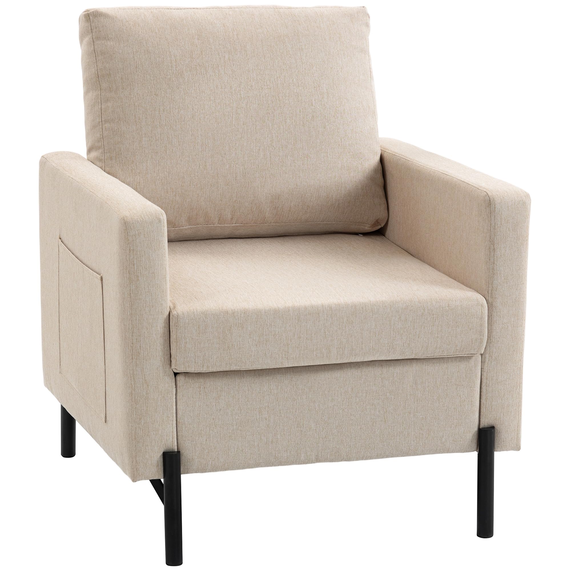 HOMCOM Fauteuil de Salon, canapé 1 Place rembourré avec accoudoirs, Assise Large et Pieds en Acier, Tissu Effet Lin, Style Moderne, pour Chambre à Coucher, Salon, Bureau, Beige