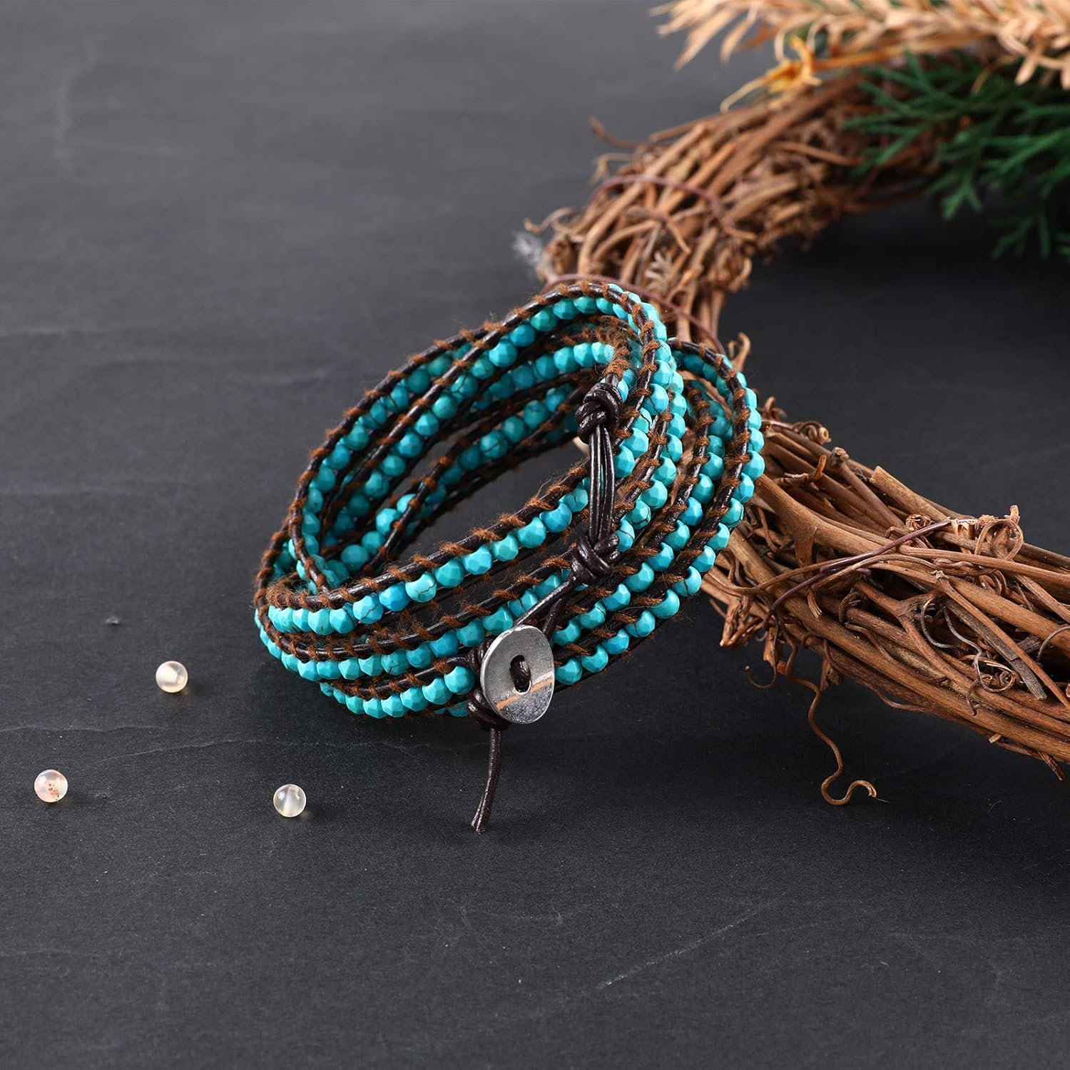 Miss Rabbit Boho Layered Leather Handmade Bracelet, Natural Stone Beaded 5 Wrap Bracelets for Women Blue Turquoise Beads Bohemian Bracelet Jewelry - Image 5