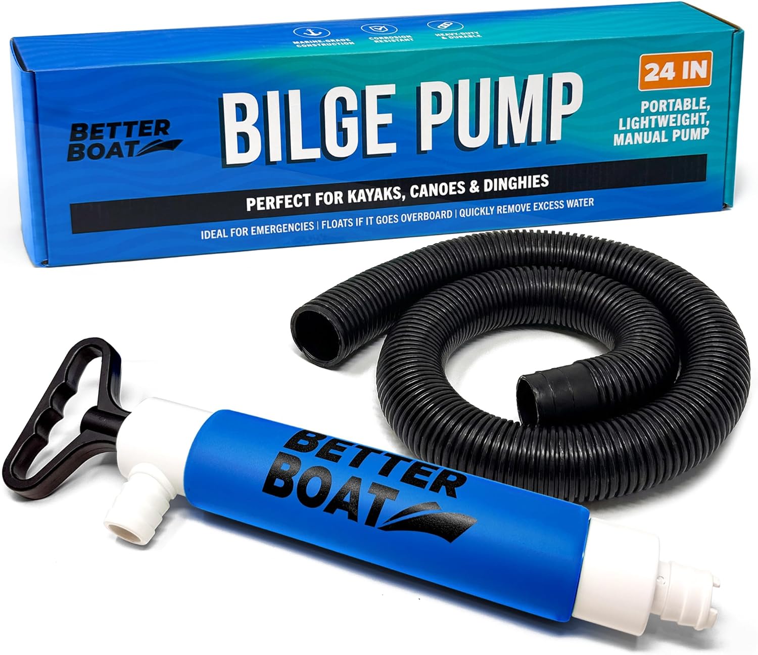 Manual Bilge Pump for Kayak Canoe Dinghy, Handheld Siphon Bailer with 24 Inch Hose, Floats if Dropped Overboard, Portable Hand Pump, Blue - Better Boat