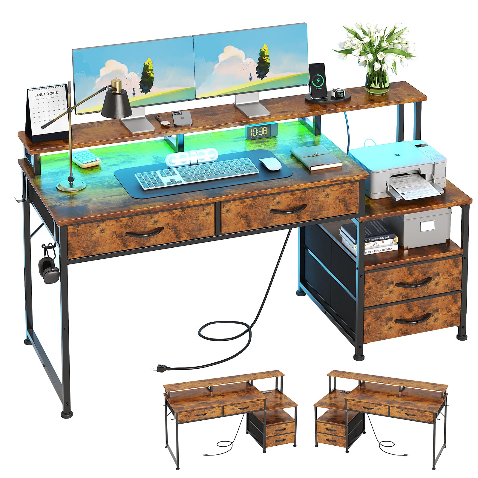 CAIYUN Bureau Gaming LED pour Gamer avec Rangement & Prise Intégrée (Marron)  
CAIYUN Bureau Gamer Réversible avec 4 Tir