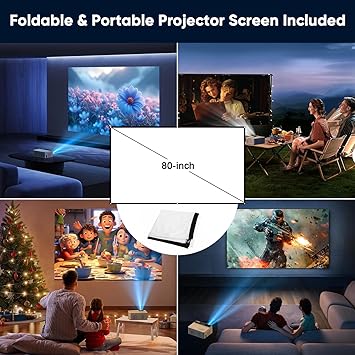 TMY 1080P Full HD Portable Mini Projector, Bluetooth Movie Projector, Compatible with TV Stick/Smartphone/PC/Game Console/HDMI/USB, Indoor & Outdoor Use, with Projector Screen
