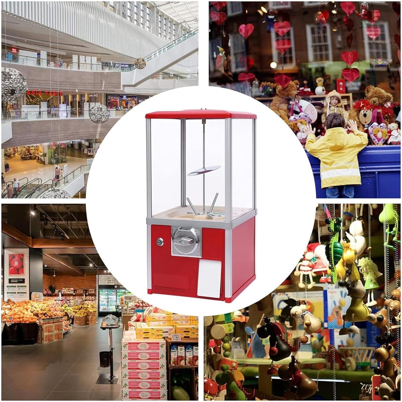 Verkaufsautomaten für Unternehmen, kommerzieller Kaugummiautomat für Süßigkeiten, Kapselautomat mit Schlössern für Kapselspielzeug mit 4,5–5,5 cm Durchmesser für Zuhause, Spieleläden,Red