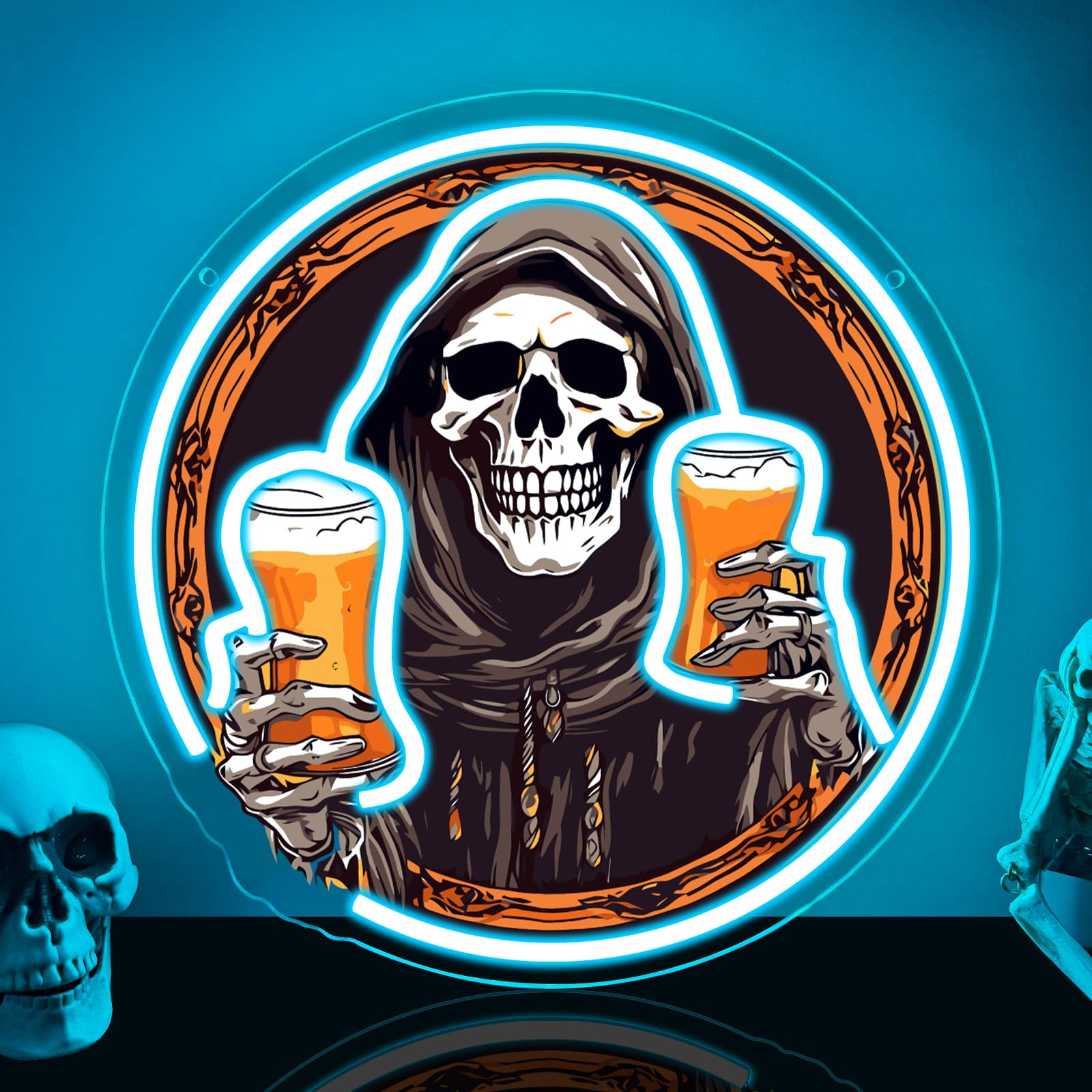 Beer Bar Neon Sign for Man Cave Home Store Pub Club Beer Bistro Gaming Zone Party Hotel,Skull UV LED Lights Adjustable,Retro Death and Beer Neon Light Wall Art Decor Gift USB Powered（12.6"*12.6"）