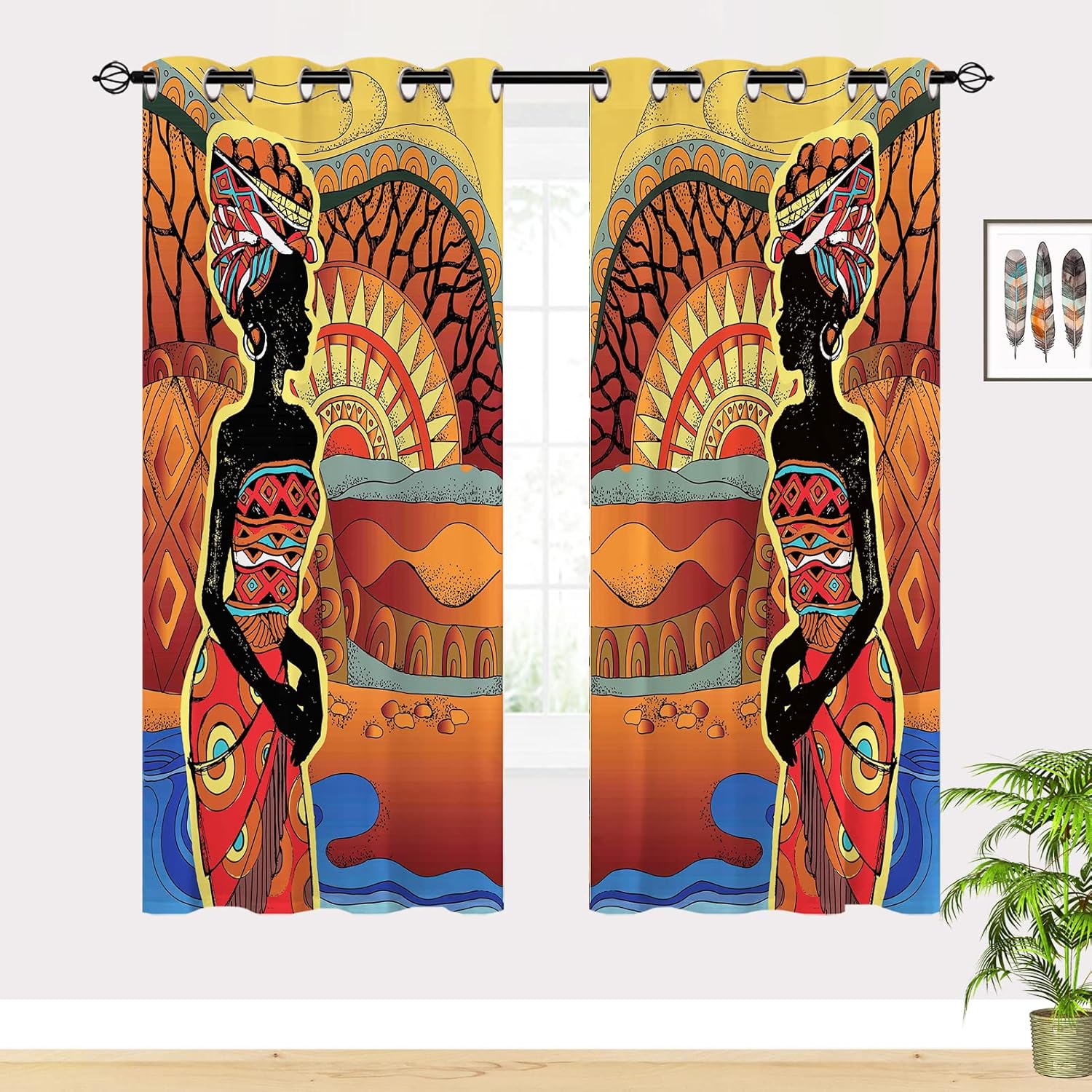 ANHOPE African Woman Curtains - Western Southwest Boho Black Woman Tribal Ethnic Print Pattern Grommet Thermal Insulated Blackout Window Drapes for Bedroom Living Room Cafe Office 2 Panels W52 x L63