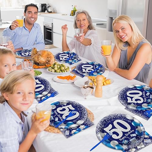 Miniatura 5 de 96 piezas de suministros para fiesta de cumpleaños número 50, platos de cumpleaños azul marino y plateado, vajilla de papel para cumpleaños número