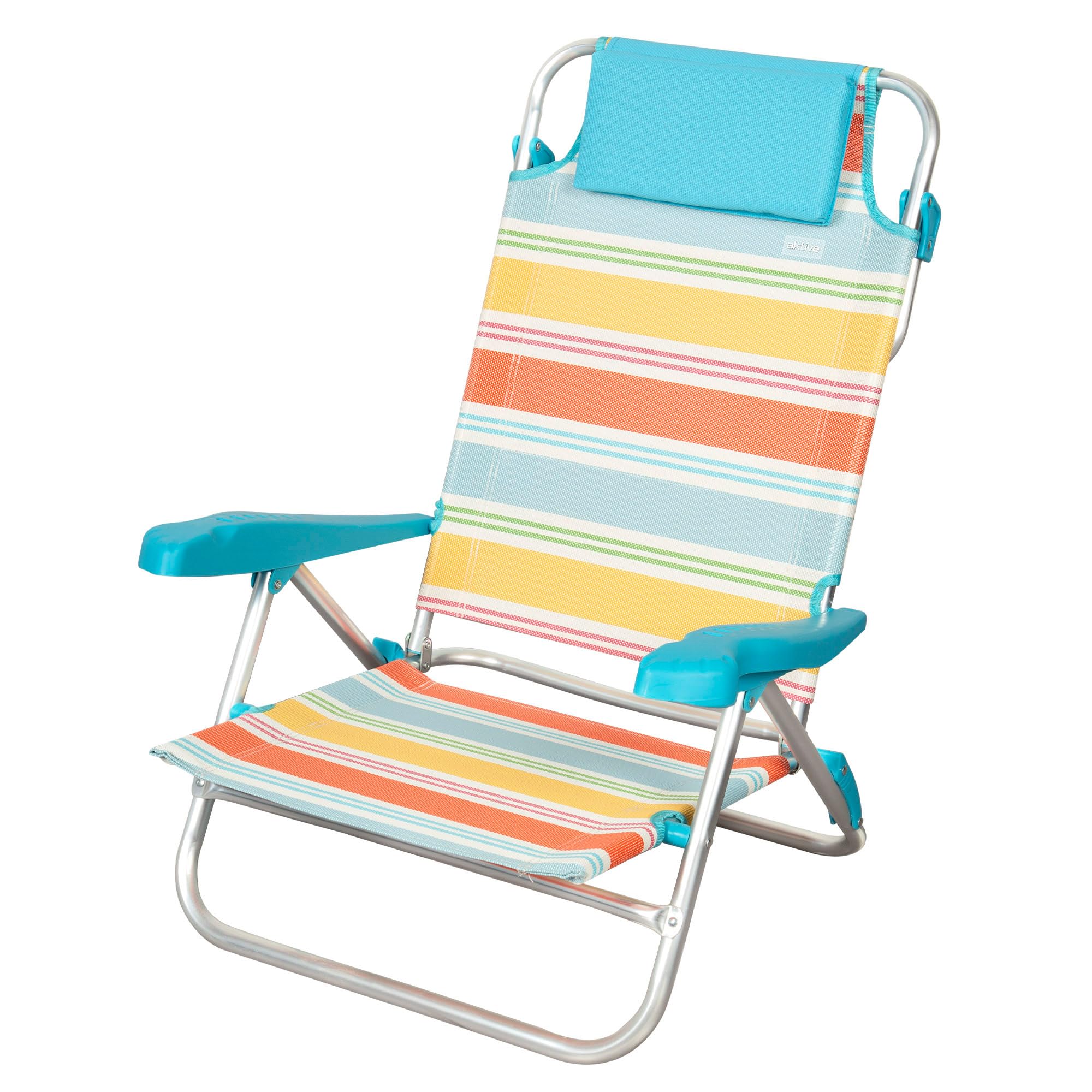 AKTIVE Chaise Pliante de Plage, 47 x 49 x 82 cm, inclinable en 8 Positions, en Aluminium et textilène à Rayures Multicolores, avec Coussin, Poche arrière et poignées à Main, modèle Santorini (62419)