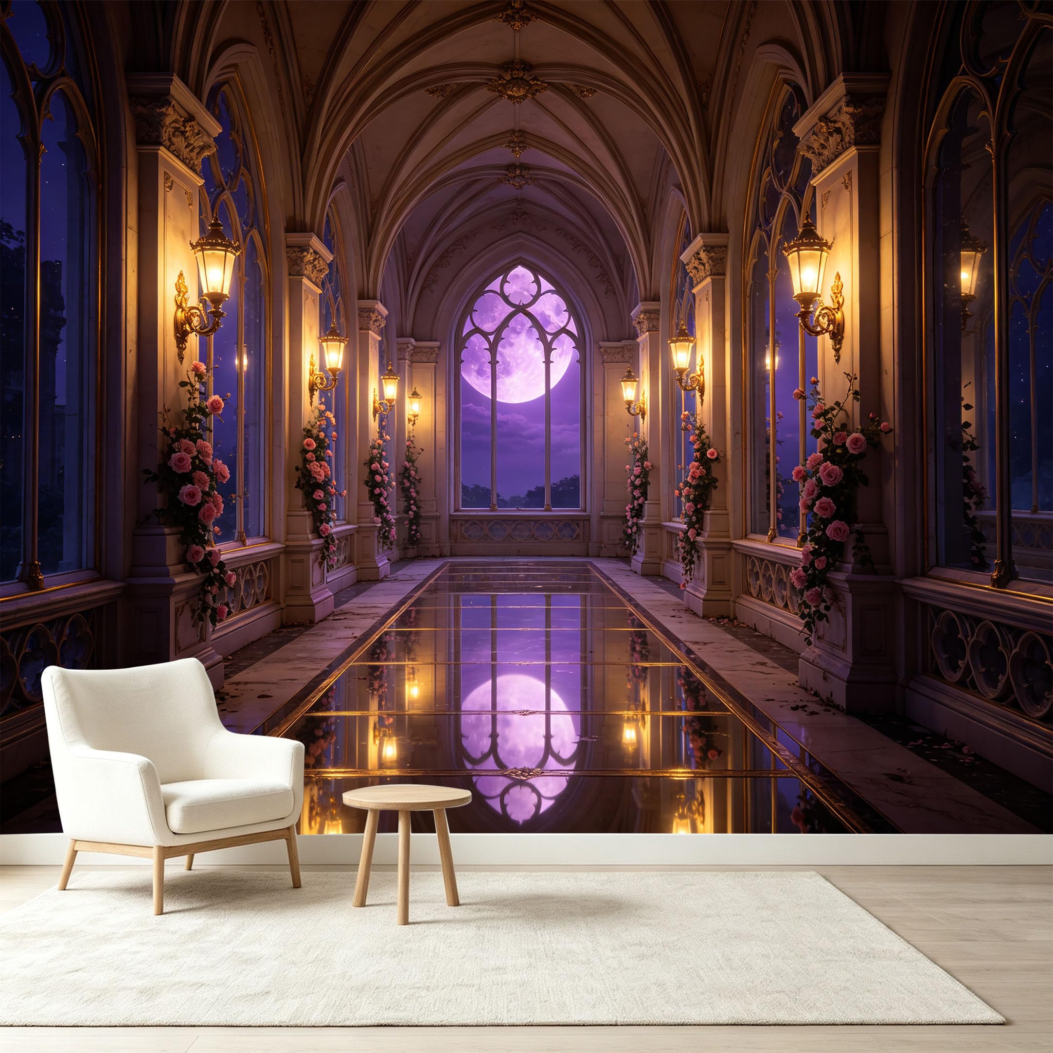 Custom Size Wall Murals Gothic Palace Corridor Full Moon Floral Archway 3D Trompe L'Oeil Self-Adhesive Wall Fabric Removable Wallpaper Wall Decor for Living Room Bedroom Bathroom