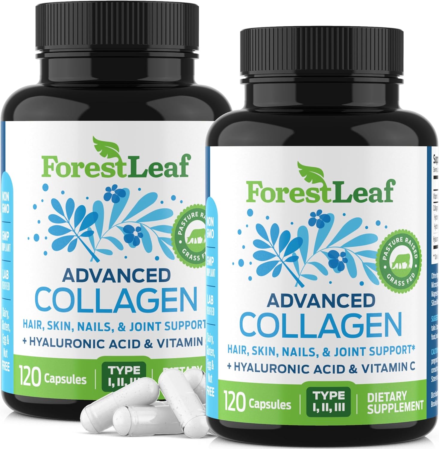 ForestLeaf Multi Collagen Pills with Hyaluronic Acid + Vitamin C | Hydrolyzed Collagen Supplements for Women or Men | Multi Collagen Capsules Peptides for Skin