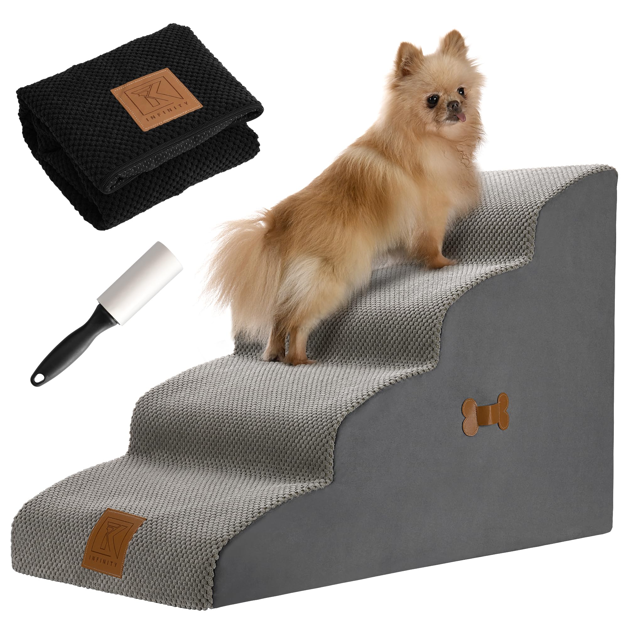 TK INFINITY Dog Stairs for Small Dogs with Extra Non Slip Cover & Lint Hair Remover, 30D High-Density Foam Ideal for Safe Access to Beds and Sofas, Pet Stairs for Small Dogs and Cats 2/3/4 Steps