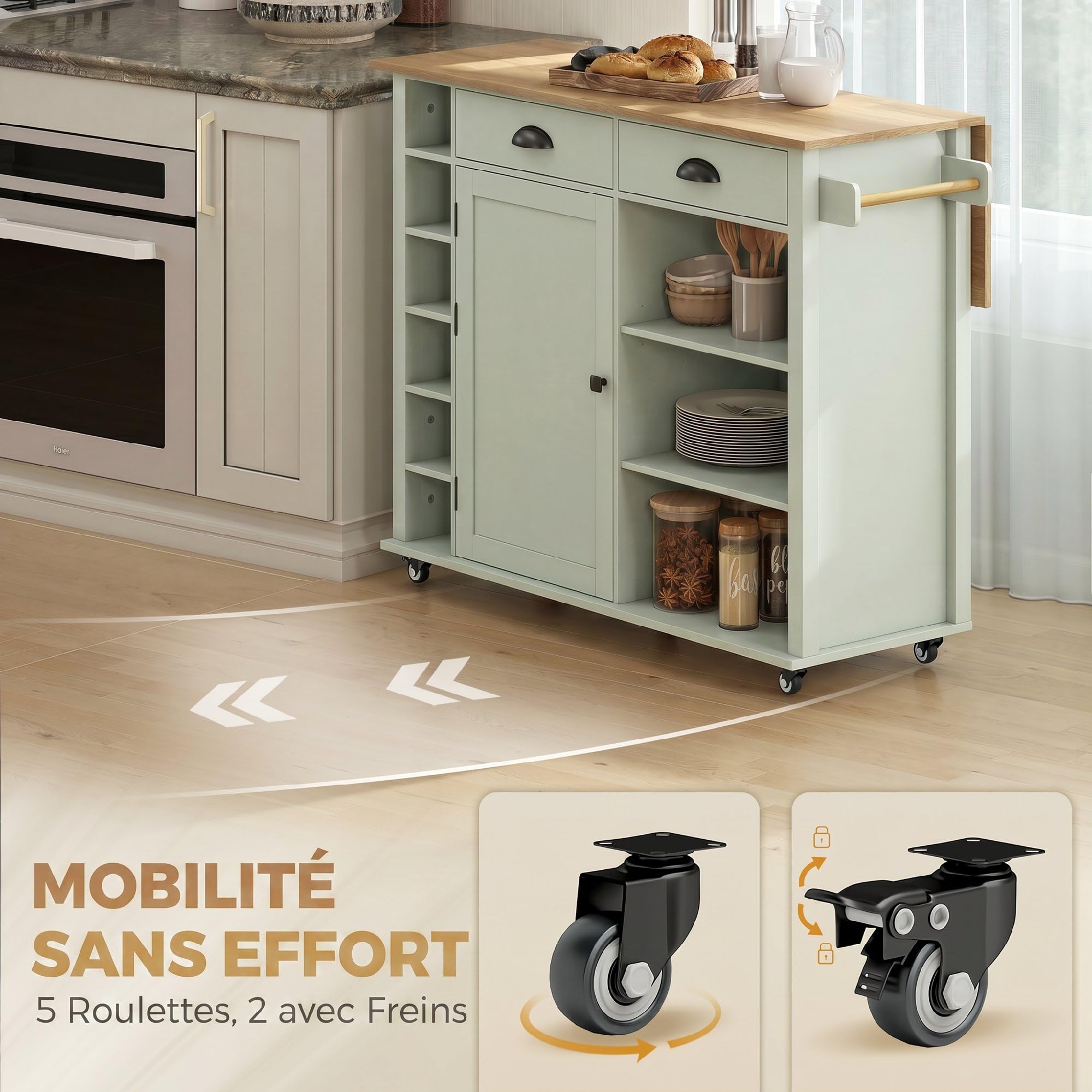 HOMCOM Îlot Central Cuisine avec Plateau Pliant, Desserte de Cuisine sur roulettes avec Placard, 2 Tiroirs, Porte-Serviettes, Étagère Réglable, Compartimentss Ouverts, 117,5 x 70 x 91 cm, Vert Clair