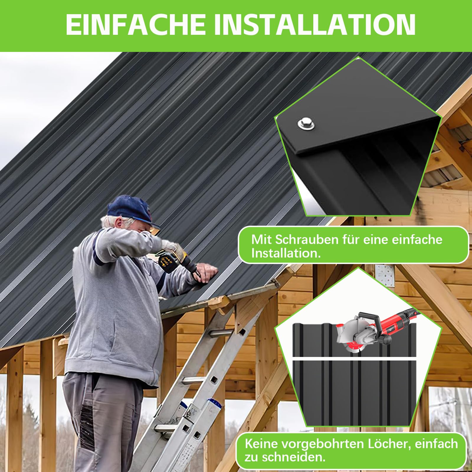 Warmfay® Profilblech Trapezblech 24er Set, 115×45 cm (12,42 m²), Wetterfest Rostresistent Verzinkte Wellblech Dachplatten mit 400 Schrauben, Schwarz Metall Dachblech für Carport, Garage, Gerätehaus