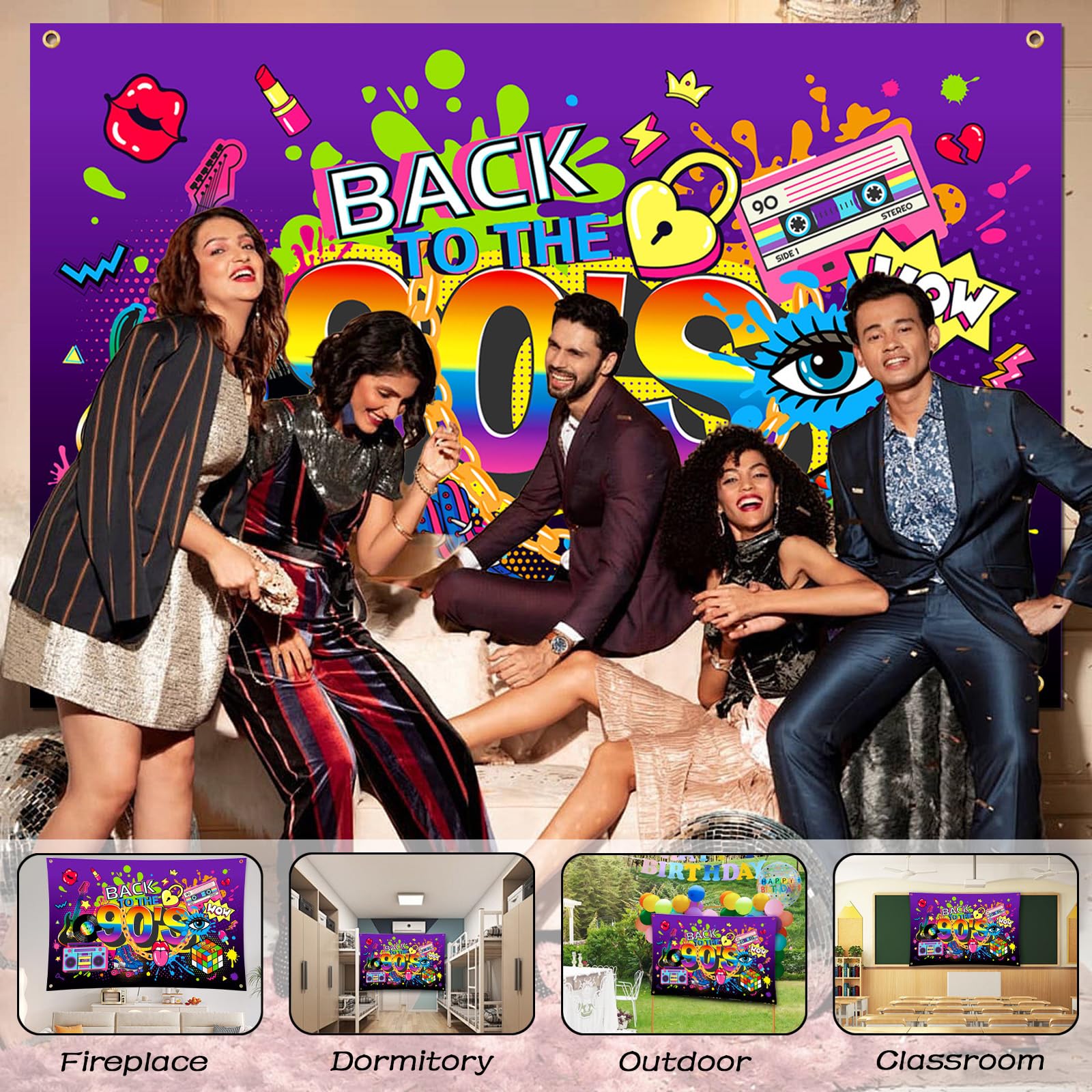 90er Party Banner 180x120cm - Retro Dekoration Für Mottopartys