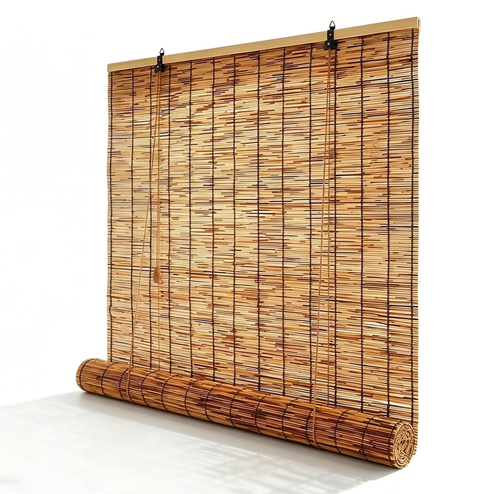Retro Bamboo Roller Shades 10"-74" Wide Cordless Reed Roll Up Blinds Easy to install for Outdoor Patio, Porch, Pergola, Balcony