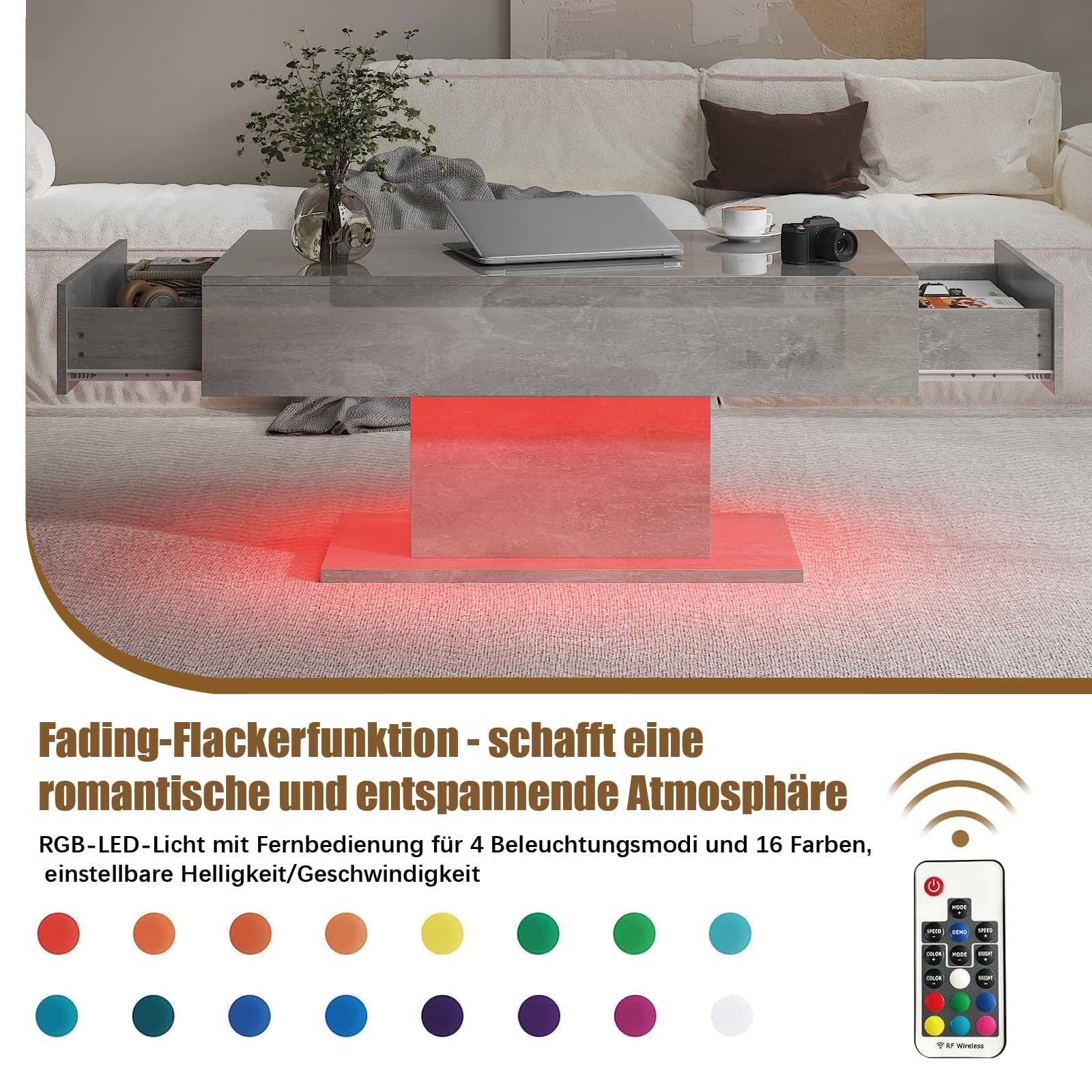 KEEPREAPER Couchtisch, Wohnzimmertisch mit LED Beleuchtung und 2 Schubladen für Wohnzimmer Hochglanz 110x55x50cm (Grau)