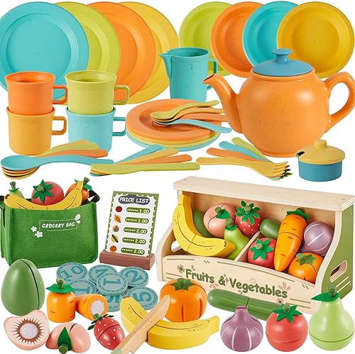 Buyger Juego de accesorios de cocina con juego de simulación para cortar alimentos, plástico y madera, accesorios de cocina, juguetes de comida de