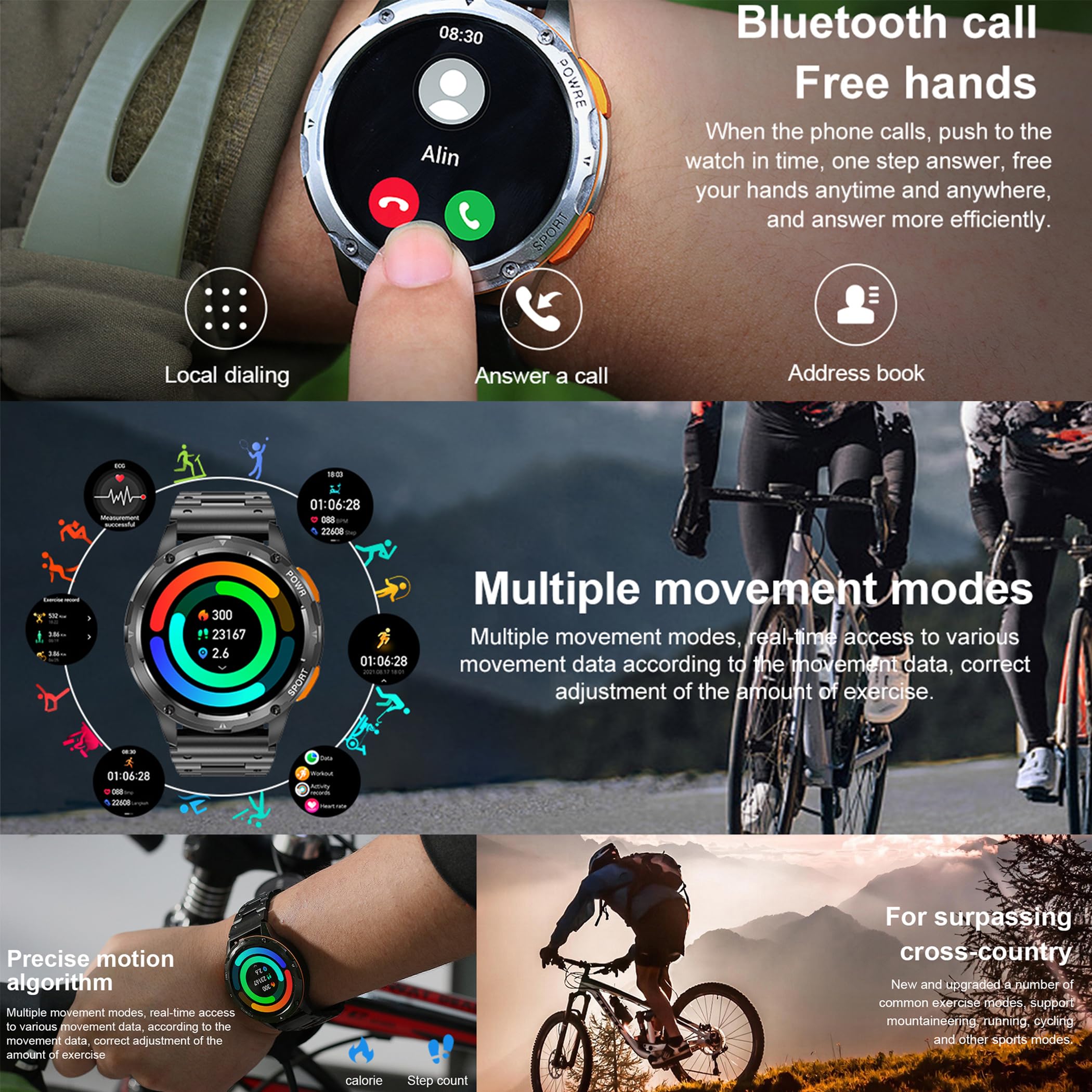 Reloj inteligente AMOLED de 1,43 pulgadas para hombre con función de teléfono, 5 ATM, rastreador de actividad con más de 100 modos deportivos, podómetro, monitor de sueño, presión arterial