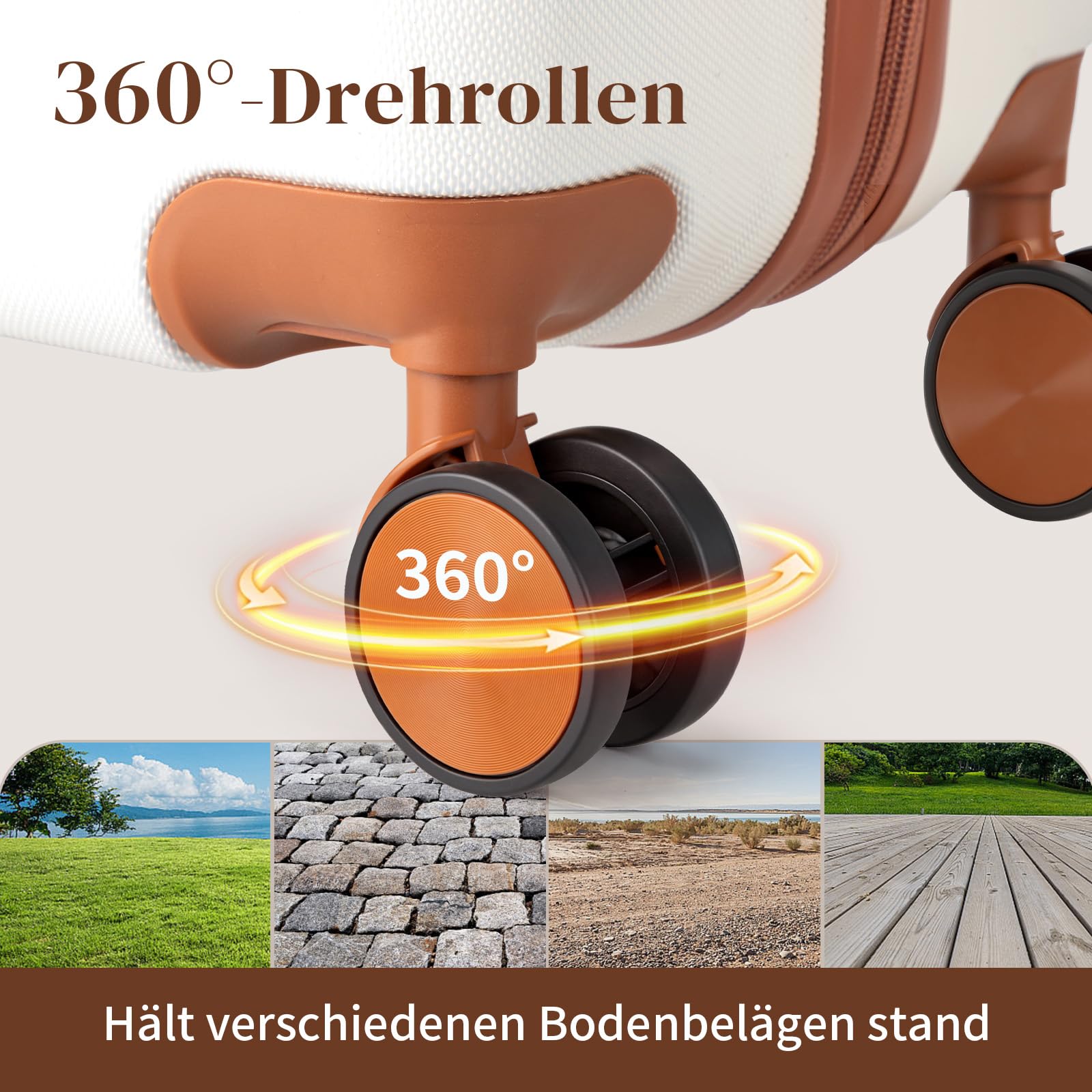LALAHO Kofferset 5 teilig mit Kosmetikkoffer, Hartschalen Koffer Set aus ABS, Reisekoffer Set, Gepäckset mit Schminkkoffer, Handgepäck, Beige-Braun