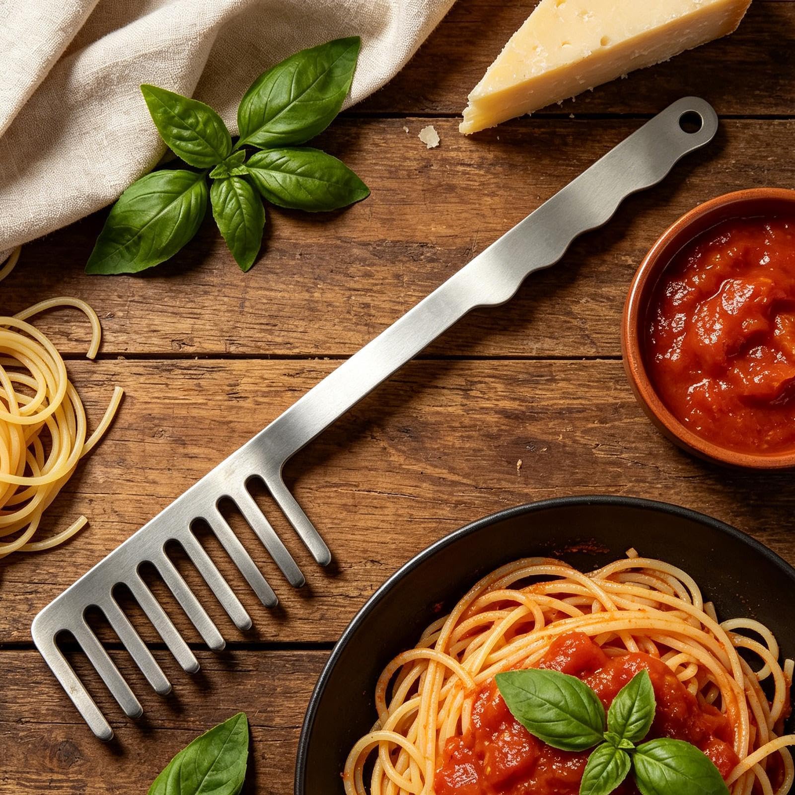 Spaghetti-Gabel-Kamm-Servierer, Edelstahl, hitzebeständiges Kochwerkzeug für reibungslose Servierkontrolle, starke rostfreie Konstruktion, Küche, Zuhause,