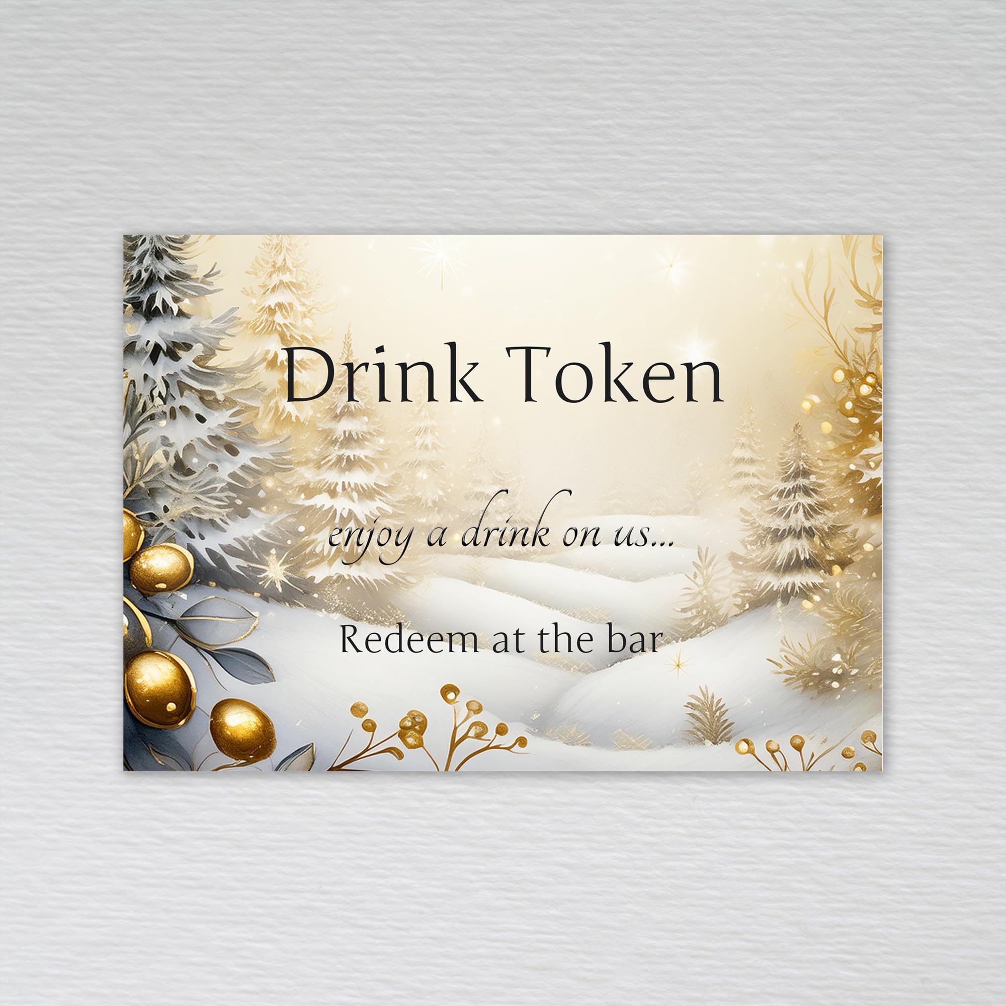 Golden Winter Drinks Token Party Table Favours / Snowy Forest Trees and Eucalyptus Leaves Drink Tokens for Wedding: Golden Winter Woodland Wedding Drinks Token (Pack of 20 without Envelopes)