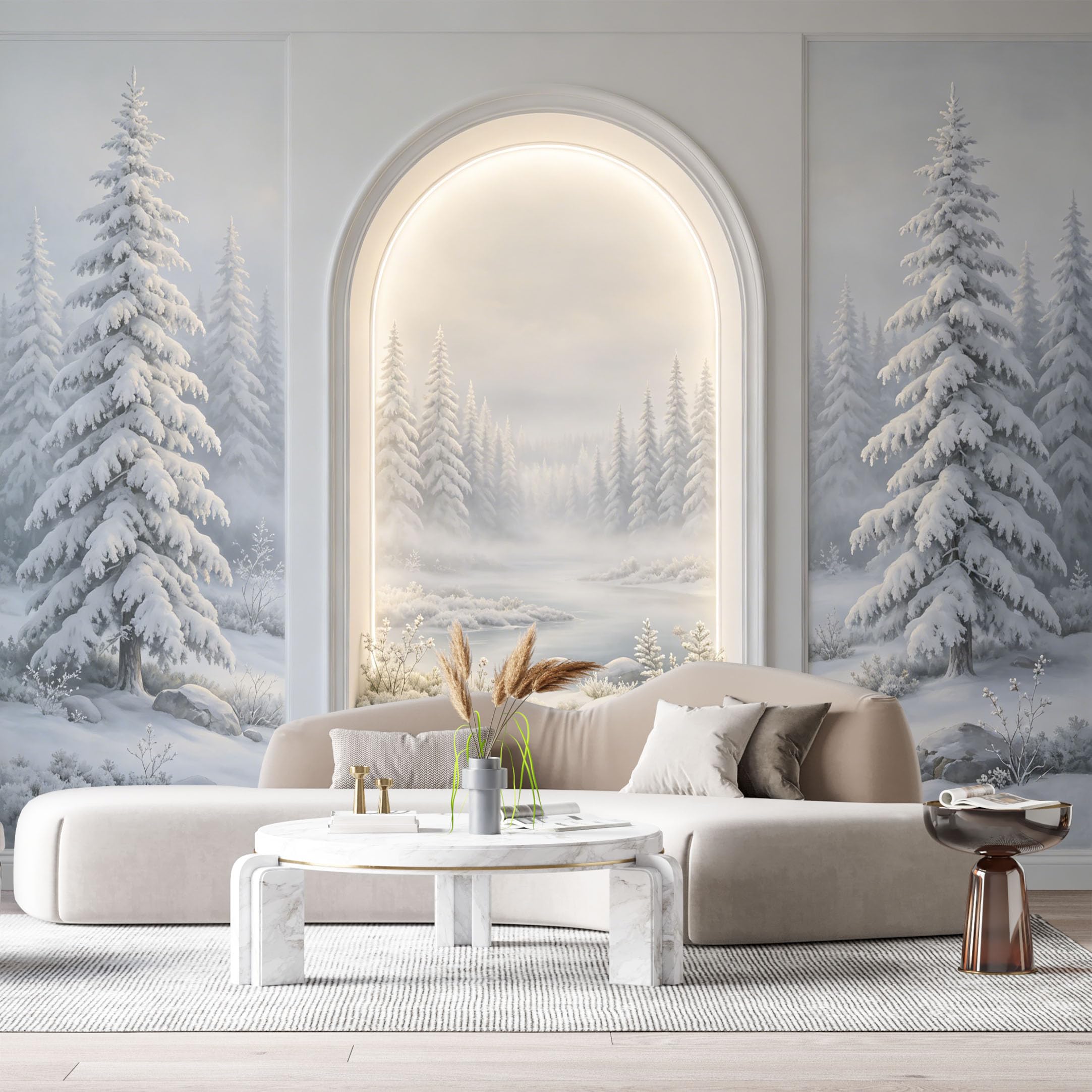 Custom Size Wall Murals Winter Snowy Forest Pine Tree Mountain Archway 3D Trompe L'Oeil SelfAdhesiveWall Fabric Removable Wallpaper Wall Decor for Living Room Bedroom Bathroom